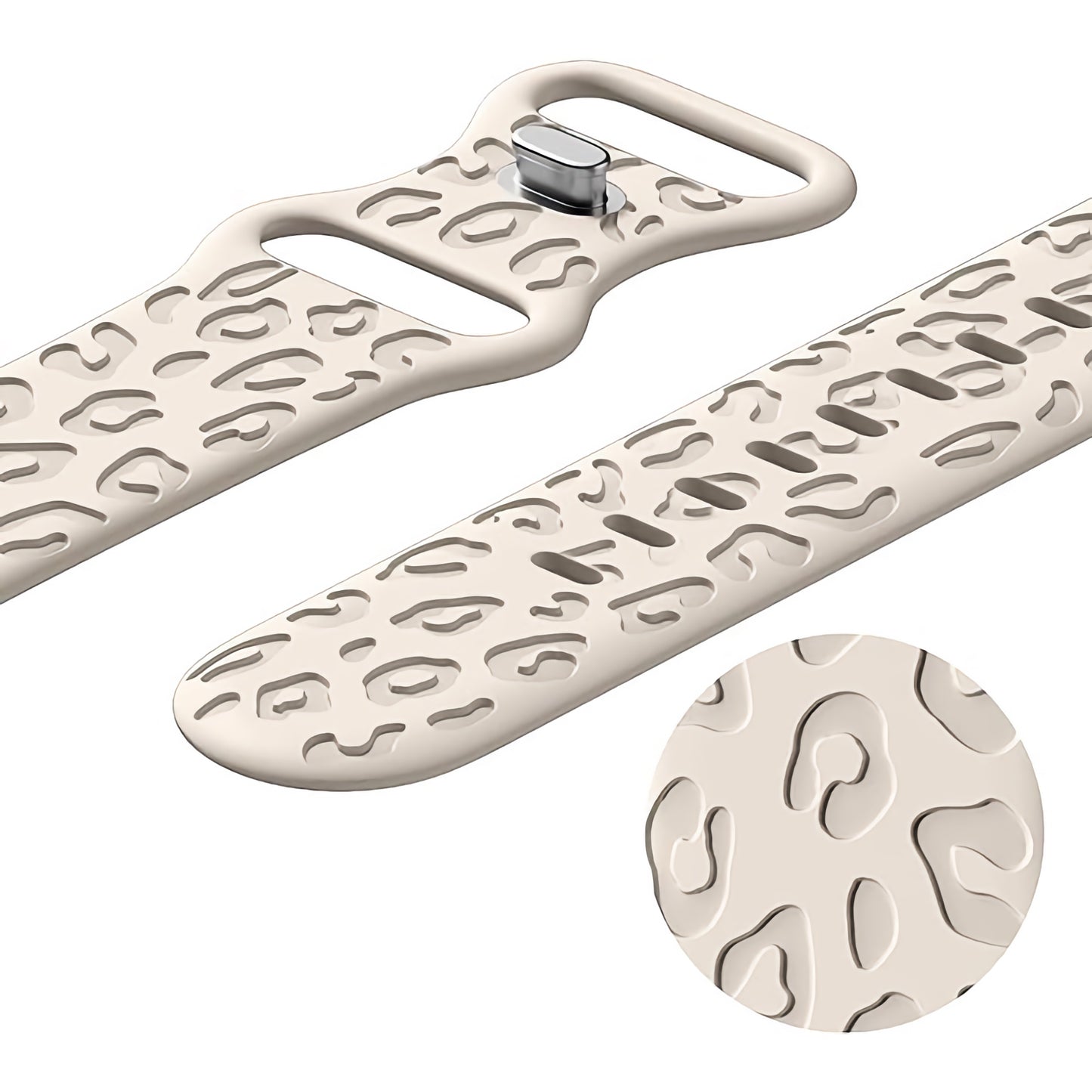 Nahaufnahme des Arktisband-Apple-Watch-Armbands „Leopard“ in Beige mit seinem erhabenen abstrakten Leopardenmuster; ein vergrößerter Kreis hebt die einzigartige Textur und die Designdetails des Bandes hervor.