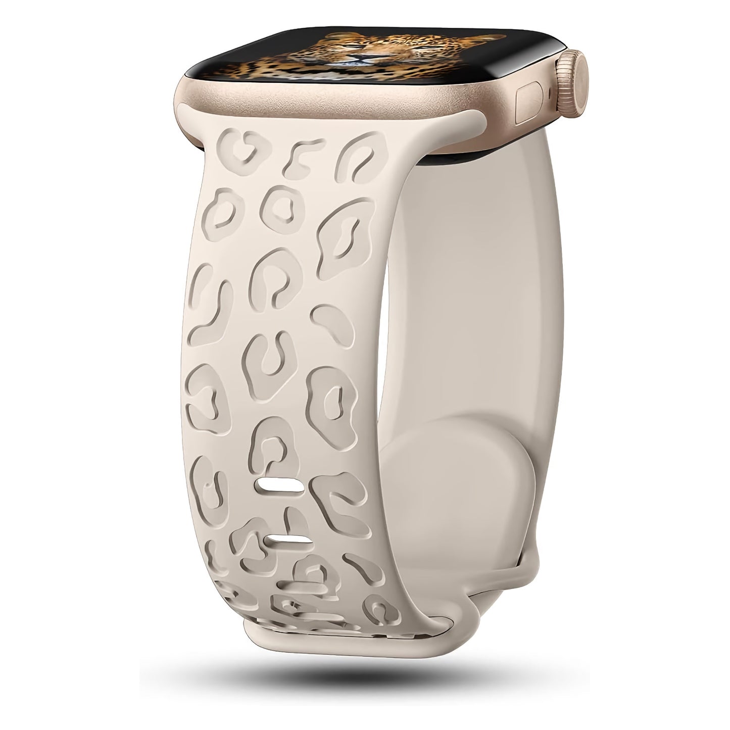 Das arktisband Apple Watch Armband „Leopard“ ist ein beiges Silikonarmband mit erhabenem Leopardenmuster, goldenem Gehäuse und Seitenknopf sowie Leoparden-Zifferblatt-Display und ist mit der Apple Watch kompatibel für vielseitigen Stil.