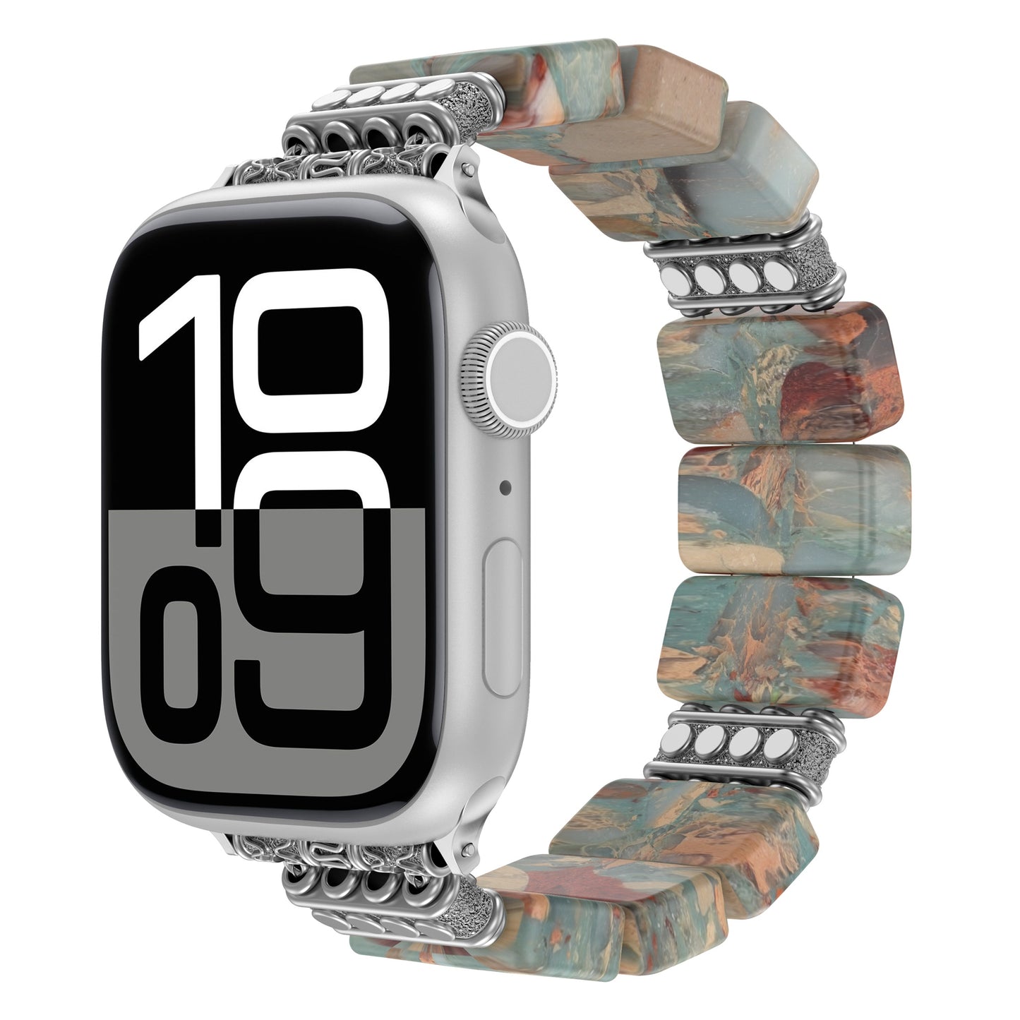 Das arktisband Apple Watch "Stone Loop" verfügt über eine große Digitalanzeige und ein gemustertes Naturstein- und Metallgliederband, kompatibel mit der Apple Watch.