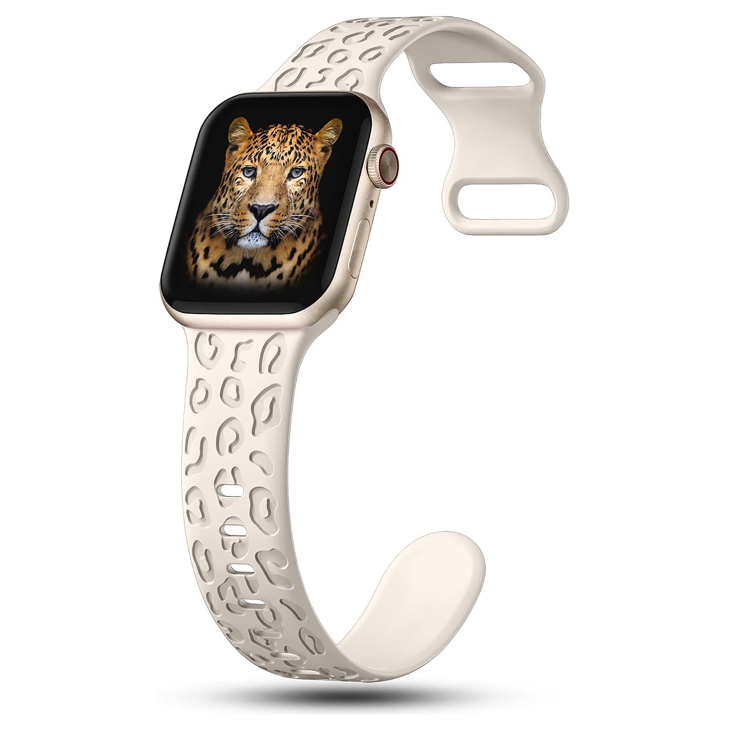 Das arktisband Apple Watch Armband „Leopard“ ist ein stylisches, weißes Silikonarmband mit Leopardenmuster, das von arktisband für die Kompatibilität mit der Apple Watch entwickelt wurde.