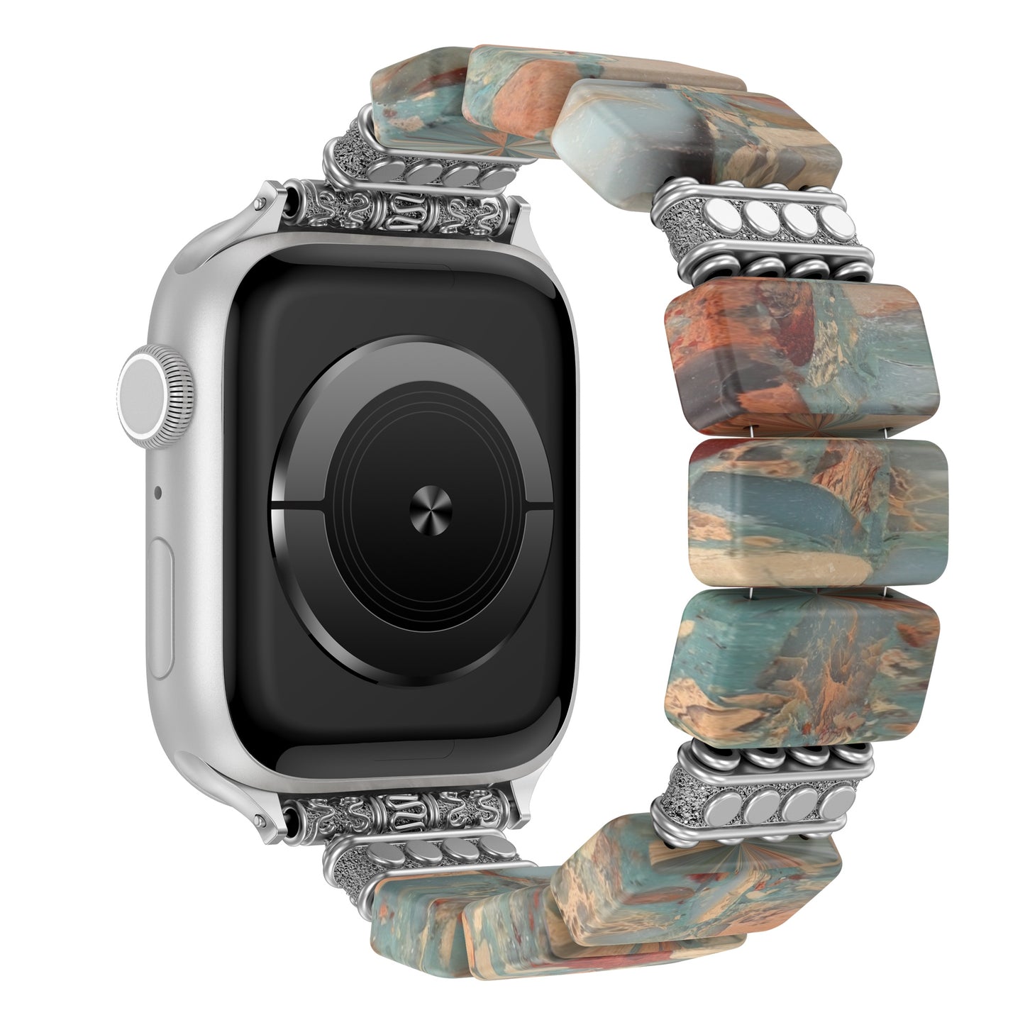 Das arktisband Apple Watch "Stone Loop" ist ein silbernes Smartwatch-Band mit mehrfarbigen Natursteinen, erdigen Tönen, Metallakzenten, flexiblem Verschluss und ist mit der Apple Watch kompatibel - perfekt für vielseitigen Stil und Komfort.