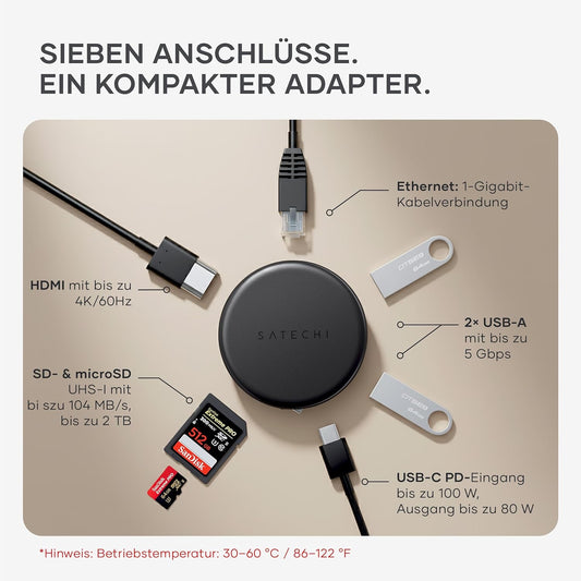 Der Satechi OntheGo 7-in-1 Multiport-Adapter von Satechi bietet sieben Anschlüsse, darunter HDMI-, Ethernet- und SD-Kartensteckplätze, für vielseitige Konnektivität auf leichtem Untergrund.