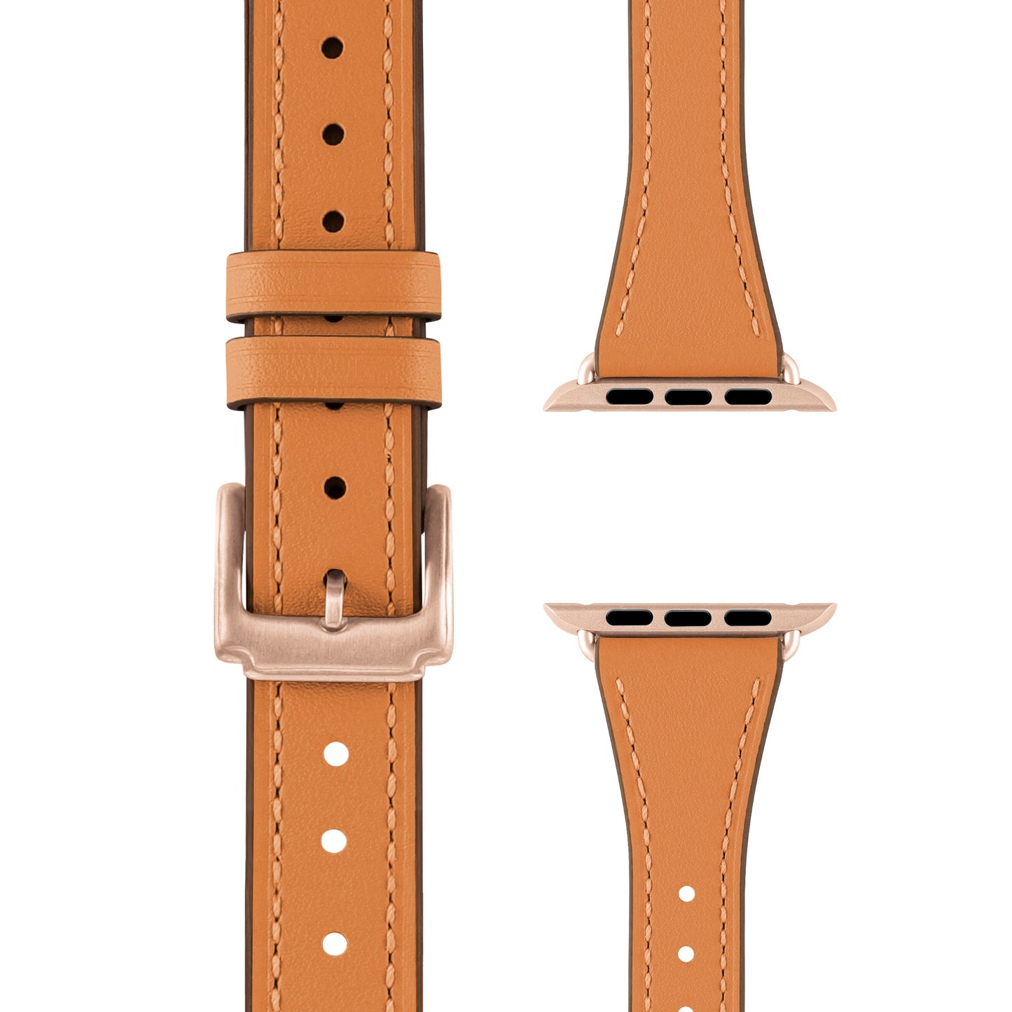 Das arktisband Apple Watch Lederarmband „Napoli“ in Hellbraun mit silberner Schnalle und zwei Schlaufen überzeugt im minimalistischen Style. Inklusive Steckverbindern, aus Front- und Seitenansicht gezeigt.