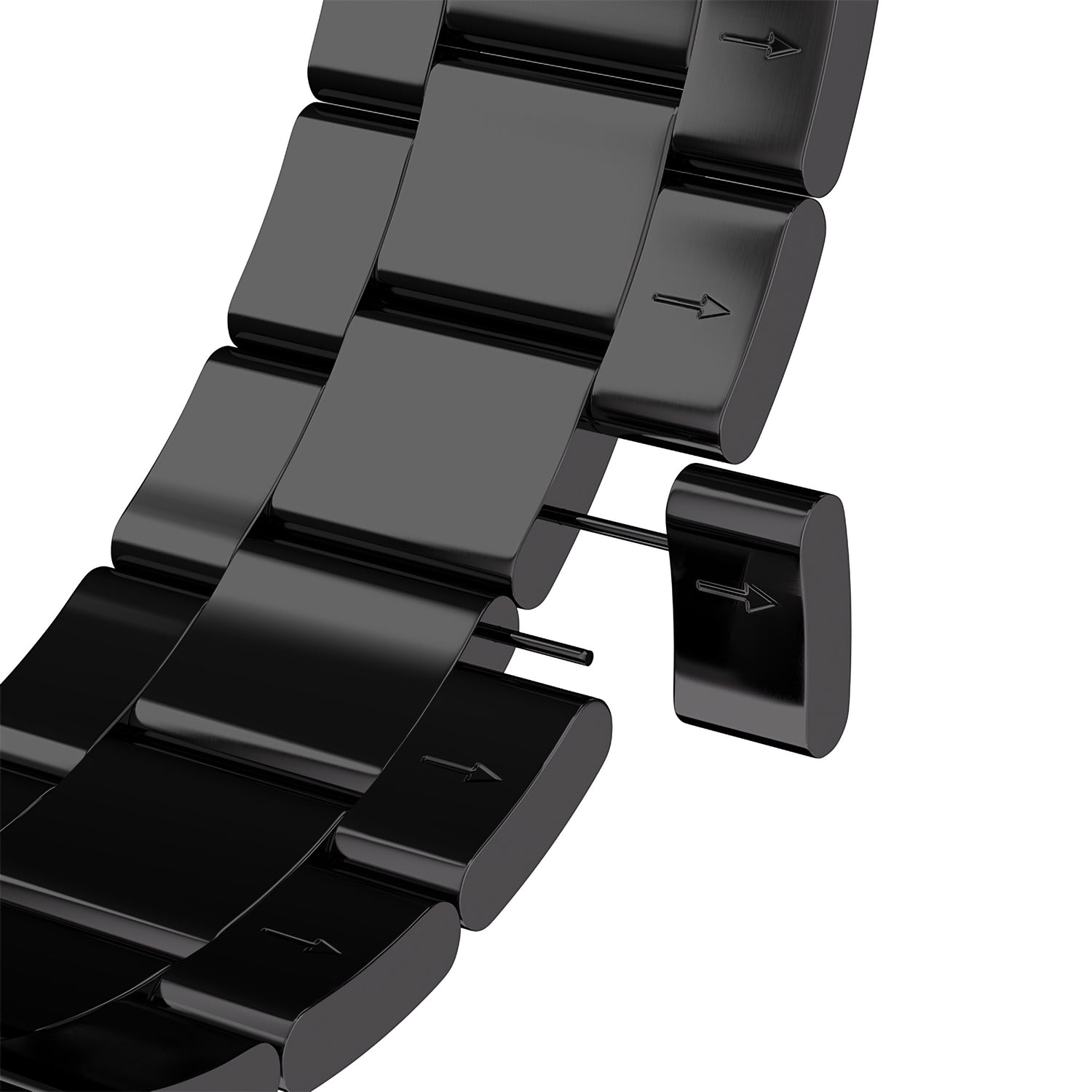 Eine Nahaufnahme des schwarzen Arktisband-Gliederarmbands „Prime“ für die Apple Watch zeigt ein teilweise entferntes Glied mit einem Stift und Pfeilen, die die Richtung zum Entfernen der Glieder anzeigen.