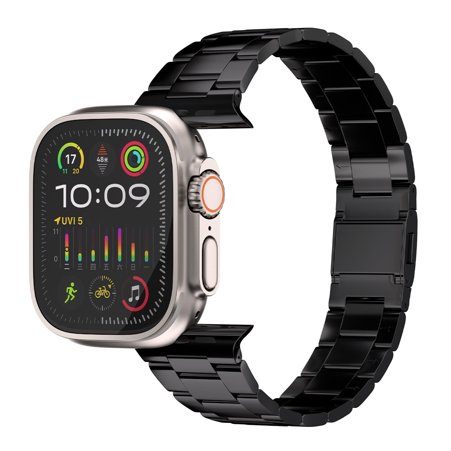 Das arktisband Apple Watch Gliederarmband „Prime“ ist eine Smartwatch mit rechteckigem Touchscreen, silbernem Gehäuse, schwarzem Edelstahlarmband mit MagneticClick-Verschluss und einem schwarzen Zifferblatt mit Uhrzeit-, Datums-, Wetter-, Aktivitäts- und Musiksymbolen.