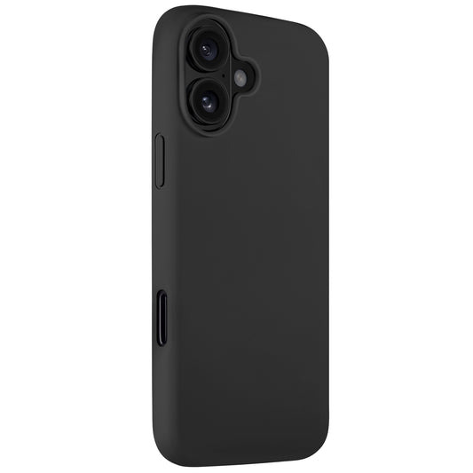 Die Arktis iPhone 16 Plus Silikonhülle in Schwarz ist auf einem iPhone 16 Plus abgebildet und hebt präzise Aussparungen für Kamera und Seitentasten hervor. Kompatibel mit kabellosem Laden.