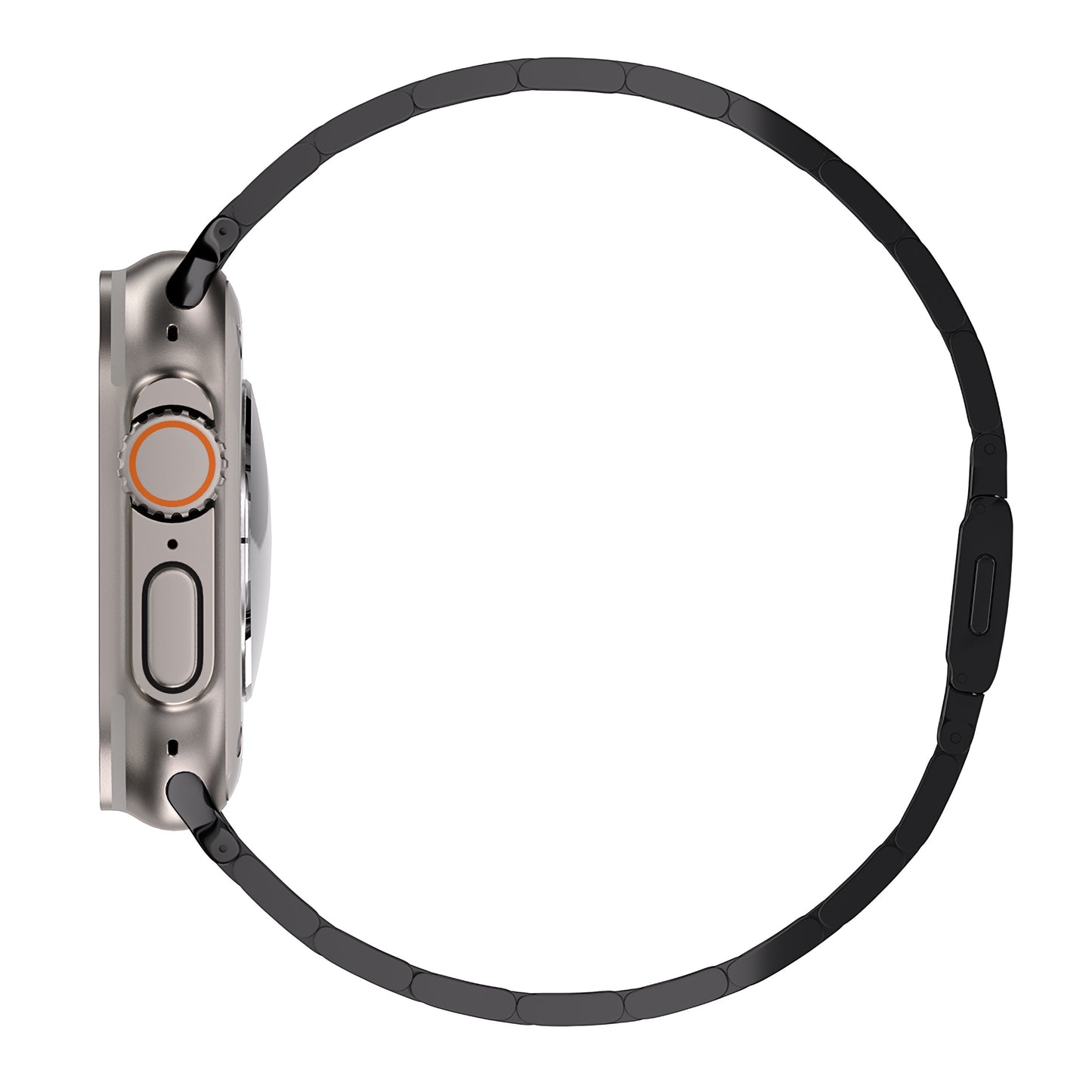 Seitenansicht des arktisband Apple Watch Gliederarmbands "Prime": eine schlanke, abgerundete Smartwatch mit Edelstahlarmband, MagneticClick-Verschluss, runder Krone mit orangefarbenem Akzent und seitlichem Knopf. Zifferblatt nicht sichtbar. Marke: arktisband.