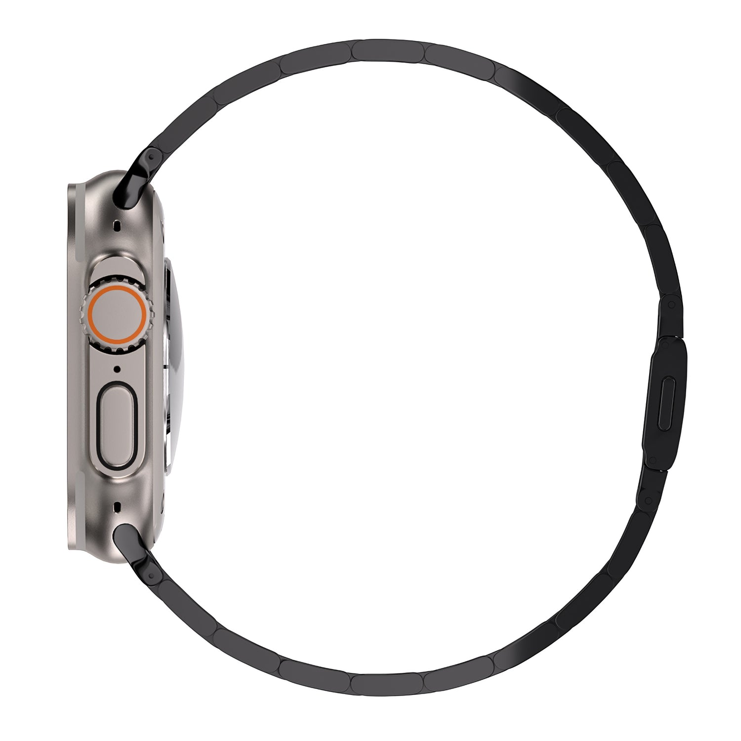 Seitenansicht des arktisband Apple Watch Gliederarmbands "Prime": eine schlanke, abgerundete Smartwatch mit Edelstahlarmband, MagneticClick-Verschluss, runder Krone mit orangefarbenem Akzent und seitlichem Knopf. Zifferblatt nicht sichtbar. Marke: arktisband.