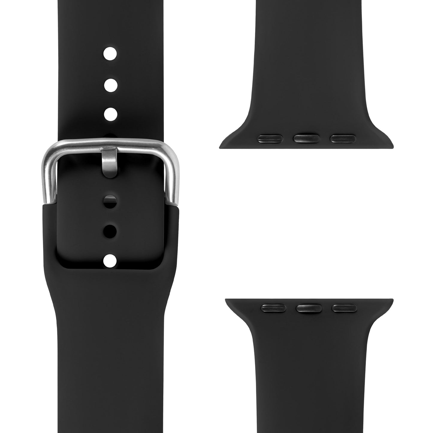 Nahaufnahme von zwei schwarzen Arktisband Apple Watch Silikonarmbändern „Aqua“: Links ein sportliches Band mit silberner Schnalle und Löchern, rechts zwei Teile mit sichtbaren Verbindern für die Befestigung an der Uhr.
