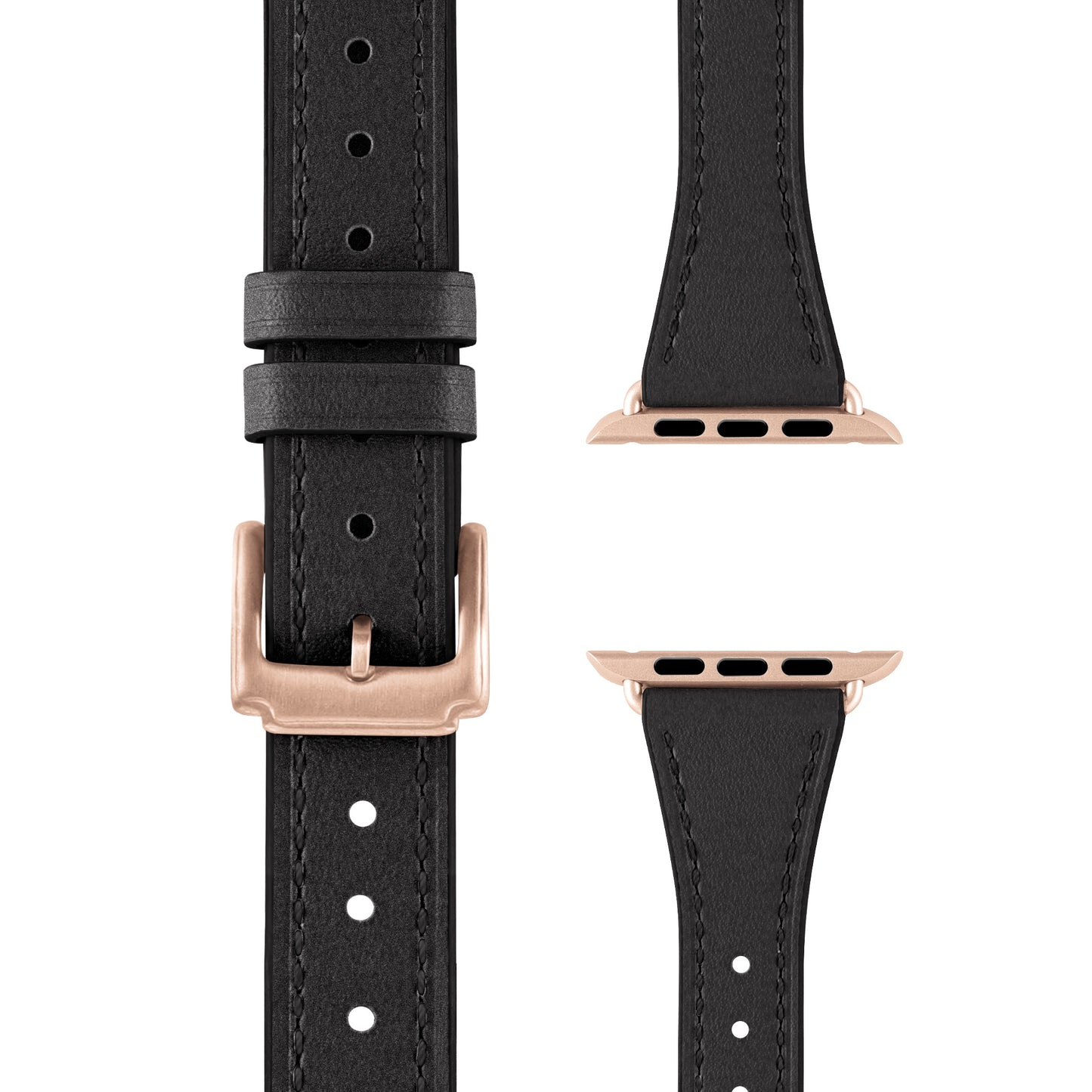Arktisband Apple Watch Lederarmband „Napoli“ aus schwarzem Echtleder mit roségoldener Edelstahl-Dornschließe und passenden Steckverbindern, gezeigt in drei Ansichten: Frontalansicht mit Schließe sowie beiden Enden zur Uhrenbefestigung.