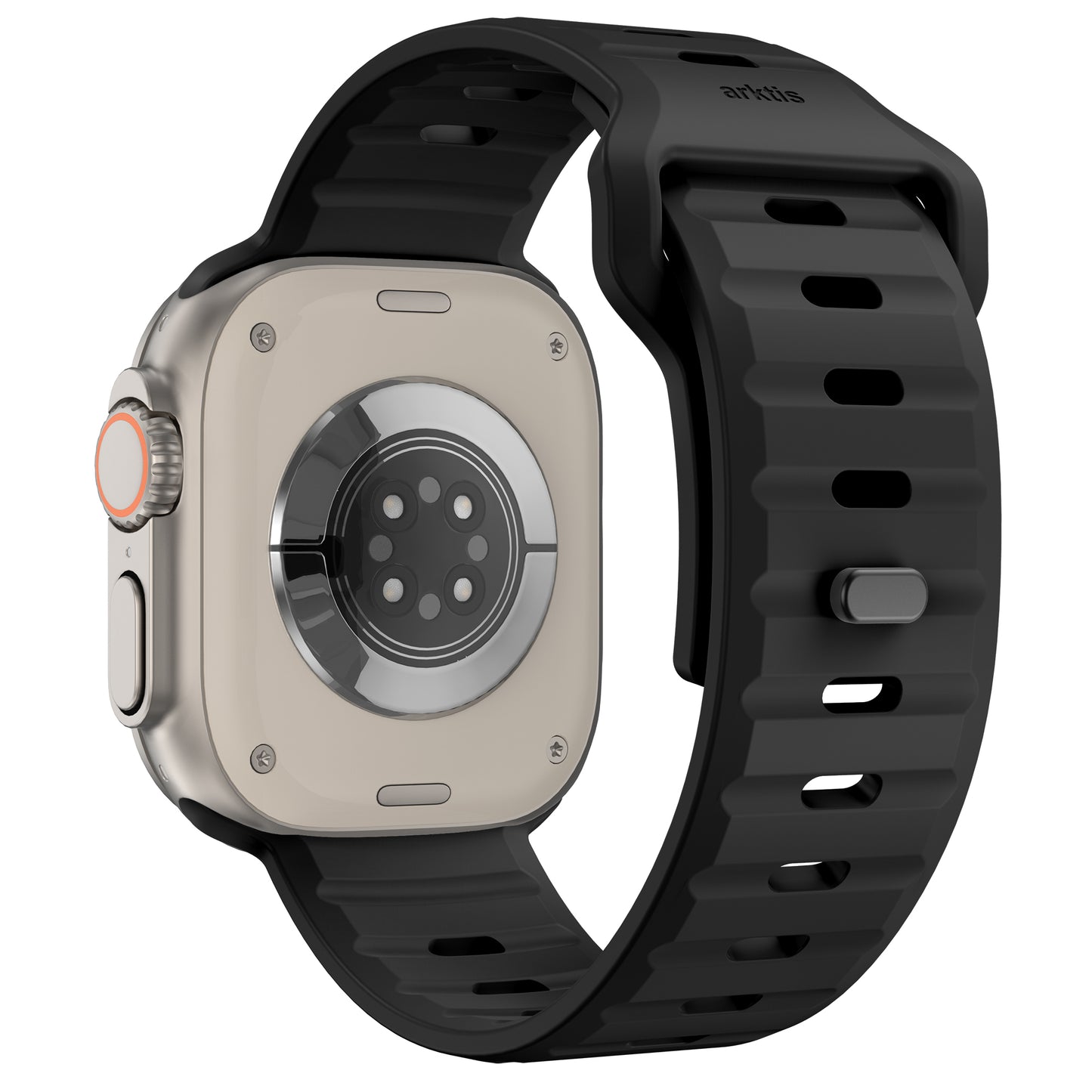Eine Nahaufnahme zeigt die Rückseite einer Apple Watch mit beigem Gehäuse und einem Arktisband Apple Watch Silikonarmband „Active“ in Schwarz, mit Rillen für Atmungsaktivität und einer seitlichen Metallkrone.