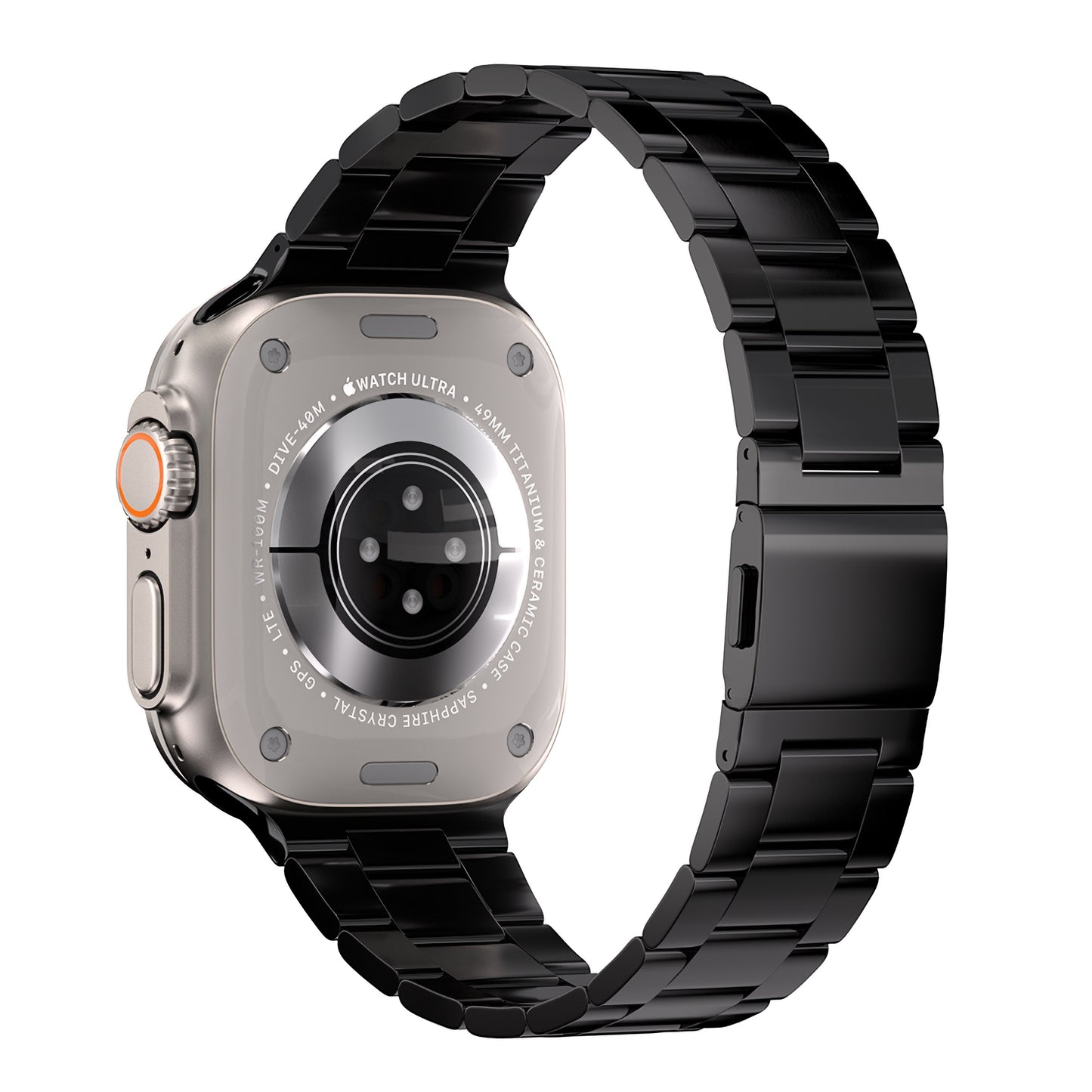 Das Bild zeigt die Rückansicht des Arktisband Apple Watch Gliederarmbands „Prime“ mit einem eleganten schwarzen Edelstahlarmband und MagneticClick-Verschluss, einem Metallgehäuse mit orangefarbenem Knopf, sichtbaren Sensoren und ausgeblendetem Zifferblatt.