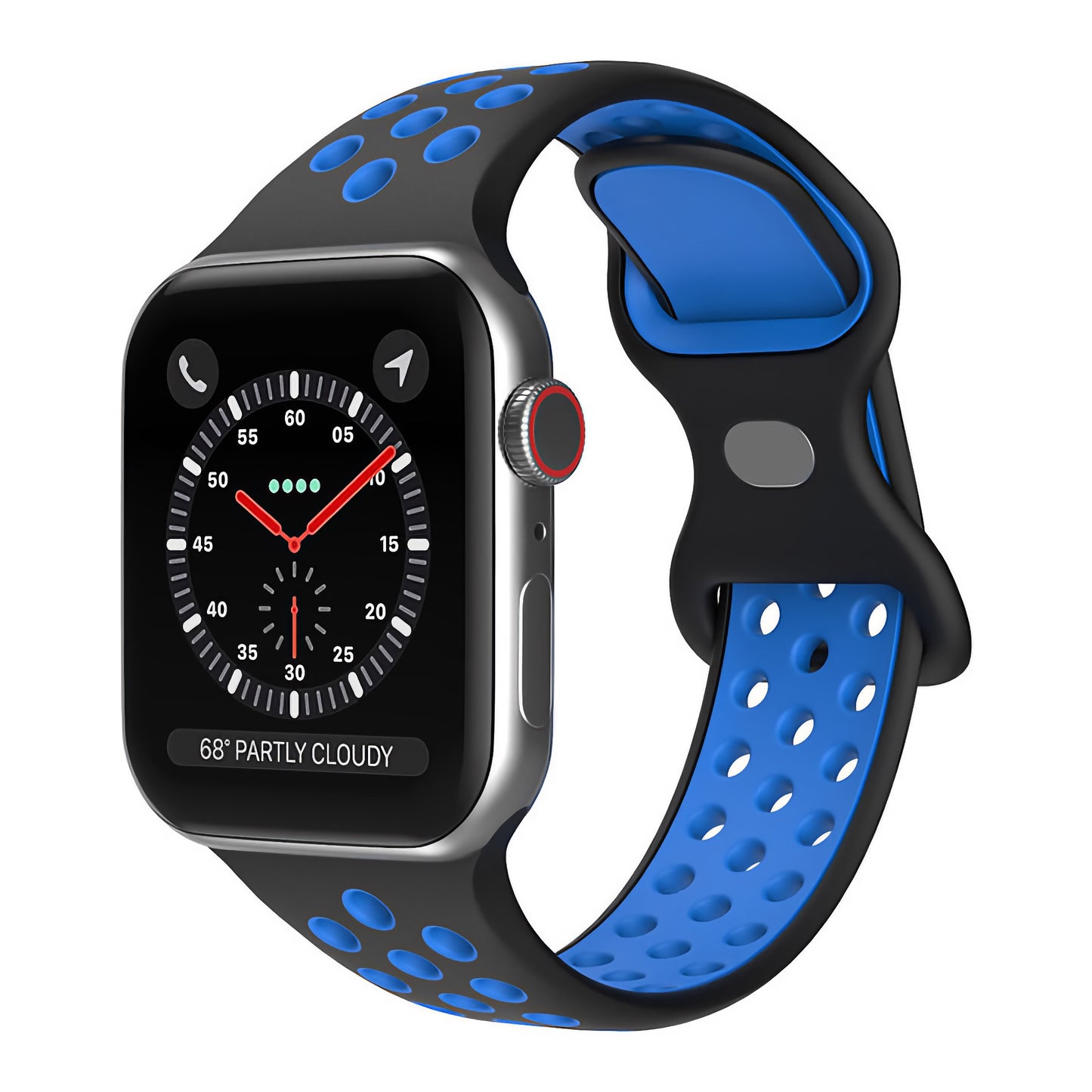 Das Arktisband Apple Watch Silikonarmband "Energy" in Schwarz und Blau zeigt ein analoges Zifferblatt, Anruf- und Nachrichtensymbole sowie eine Wetteraktualisierung („68° teilweise bewölkt“). Das silberne Gehäuse verfügt über einen roten Ring an der Krone.
