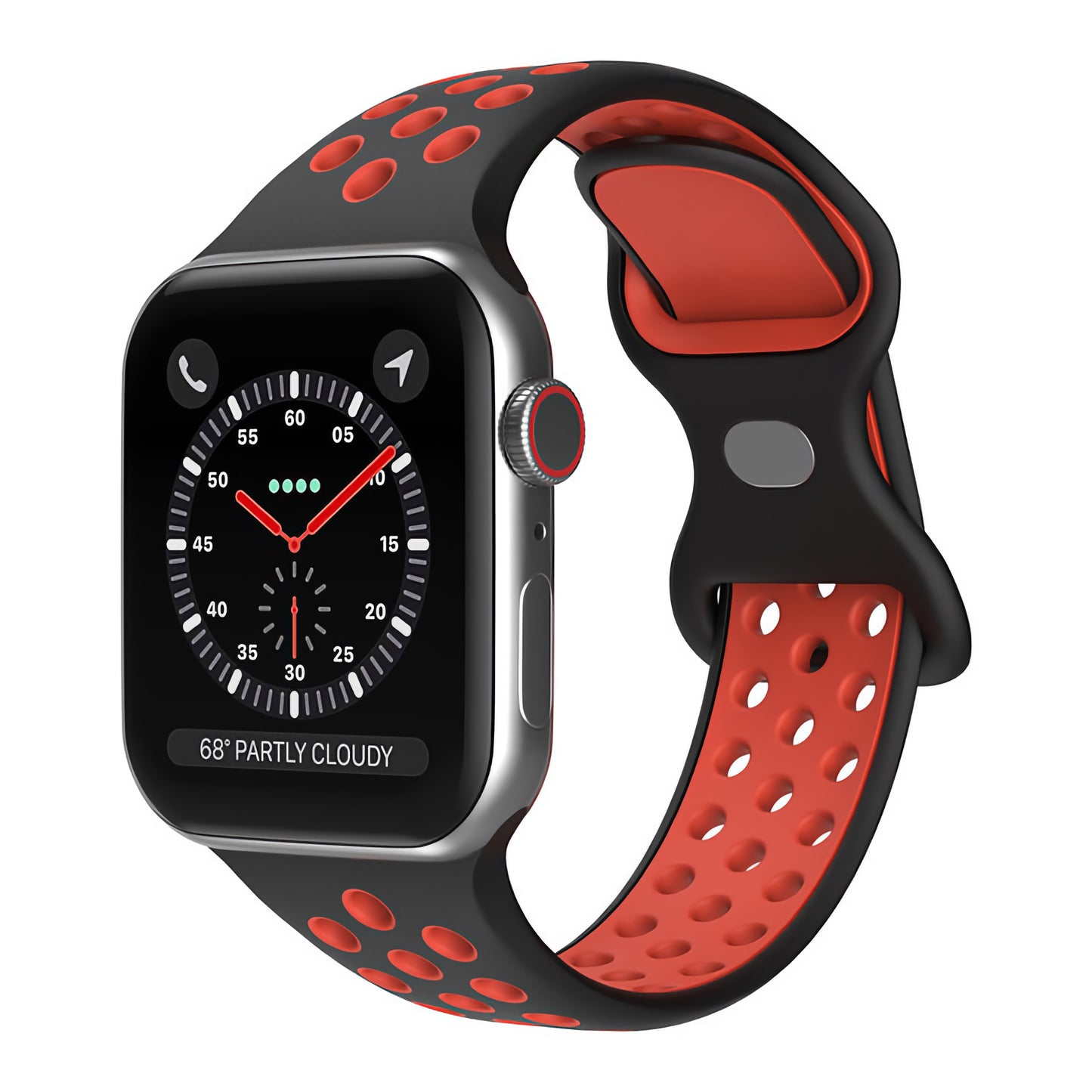 Das arktisband Apple Watch Silikonarmband „Energy“ von arktisband ist eine quadratische Smartwatch mit analogem Zifferblatt. Das schwarze Armband hat große rote Perforationen und eine rote Unterseite; die Anzeige zeigt 68°, leicht bewölkt – ideales Sporttrainingszubehör.