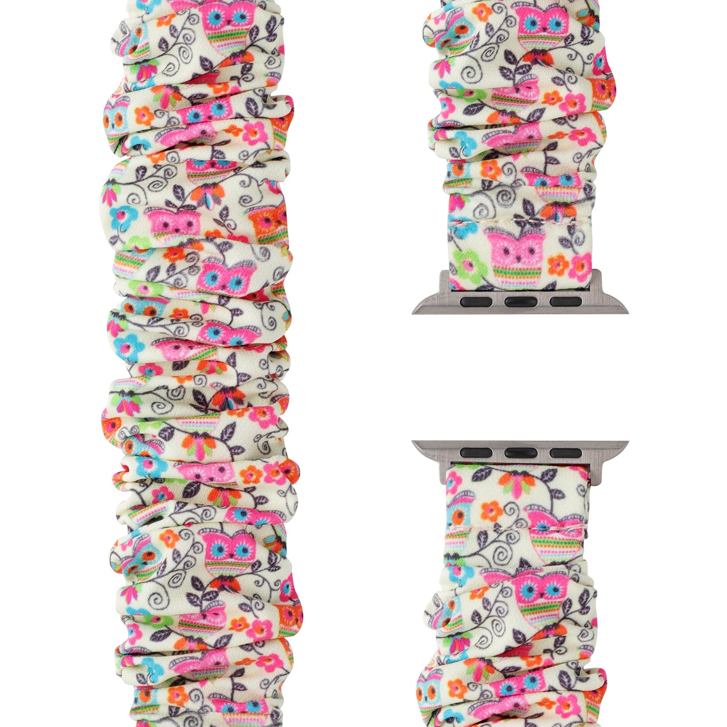 Das arktisband Apple Watch Scrunchie Armband "Elanora" zeigt ein farbenfrohes Schmetterlings- und Blumenmuster auf strahlendem Weiß und kombiniert Komfort und Stil für jede Gelegenheit.