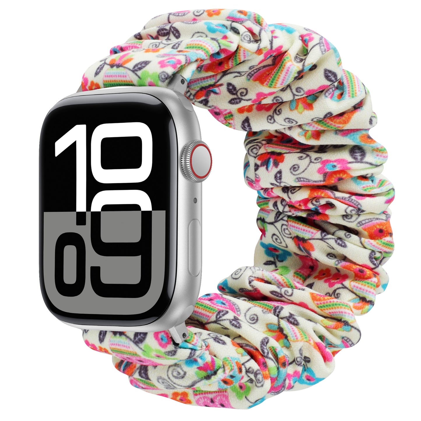 Die Apple Watch von arktisband ist mit dem geblümten Haargummi "Elanora" versehen und zeigt auf ihrem Display die digitale Uhrzeit an.