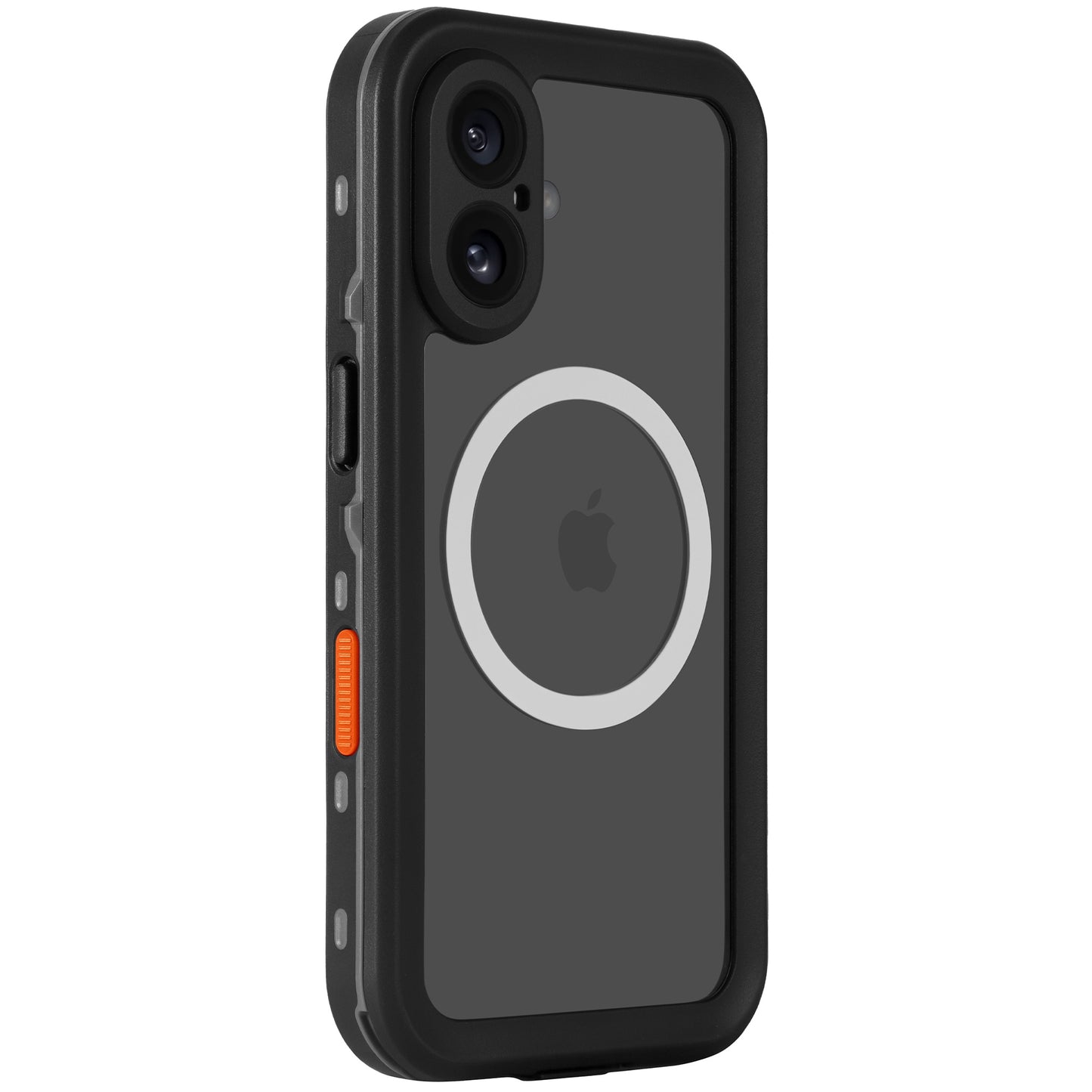 Das arktis iPhone 16 Wasserdichtes Actioncase von arktis: Schwarzes, robustes Case mit MagSafe-Ring, orangem Button und transparenter Rückseite für Apple-Logo. Staubdicht, wasserdicht & stoßfest – optimaler Geräteschutz.