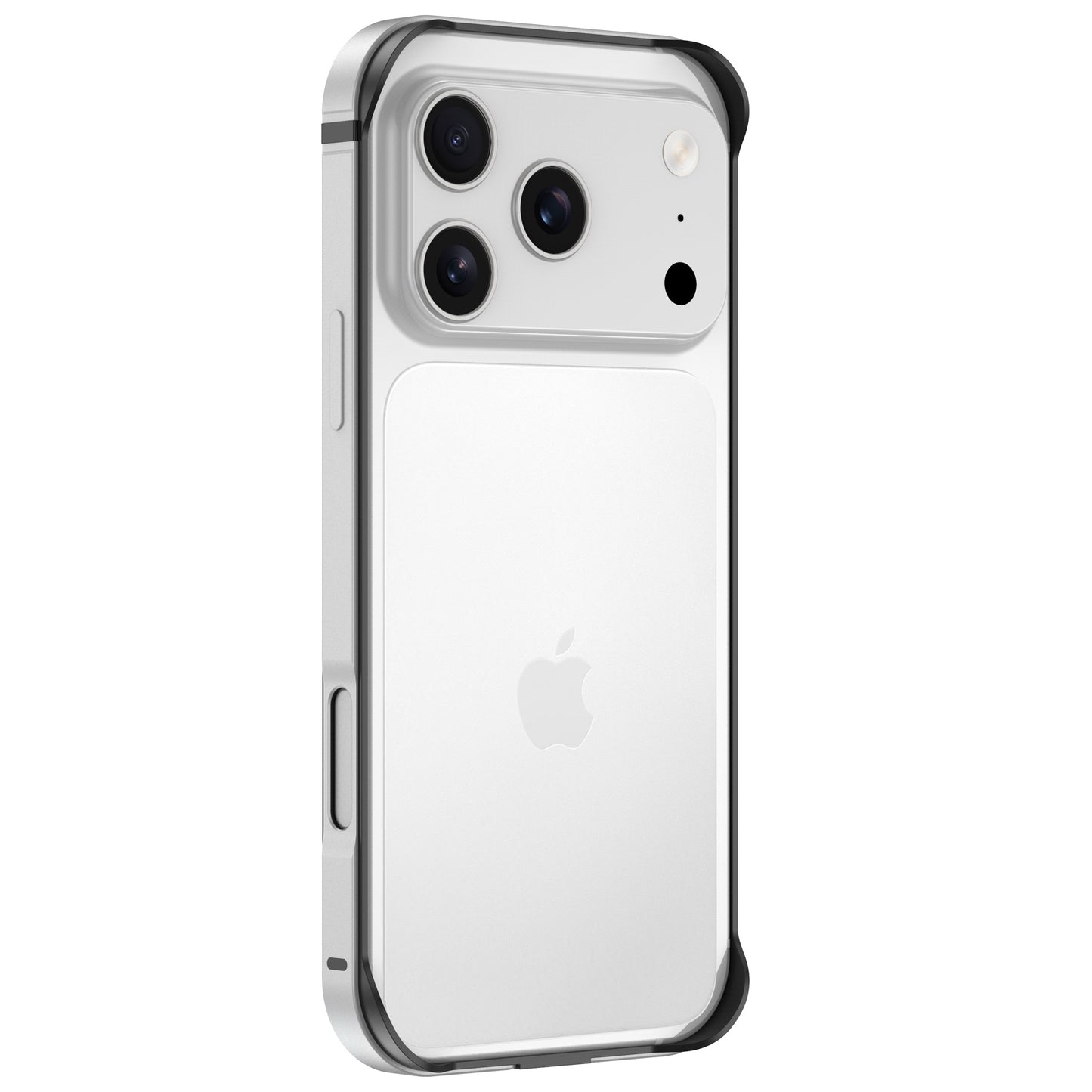 Ein silbernes iPhone 17 Pro in einer arktis iPhone 17 Pro Bumper Klarsichthülle, die die drei rückwärtigen Kameras und das Apple-Logo zeigt.