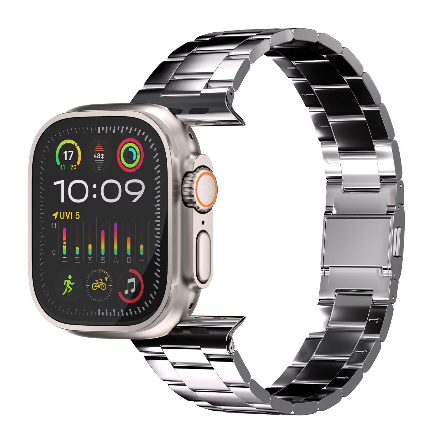 Das arktisband Apple Watch Gliederarmband "Prime" verfügt über ein elegantes Edelstahlarmband mit MagneticClick-Verschluss. Das Display zeigt Uhrzeit, Datum, Batteriestatus, Wetter, Fitnessstatistiken und ein Musiksymbol auf schwarzem Hintergrund an.