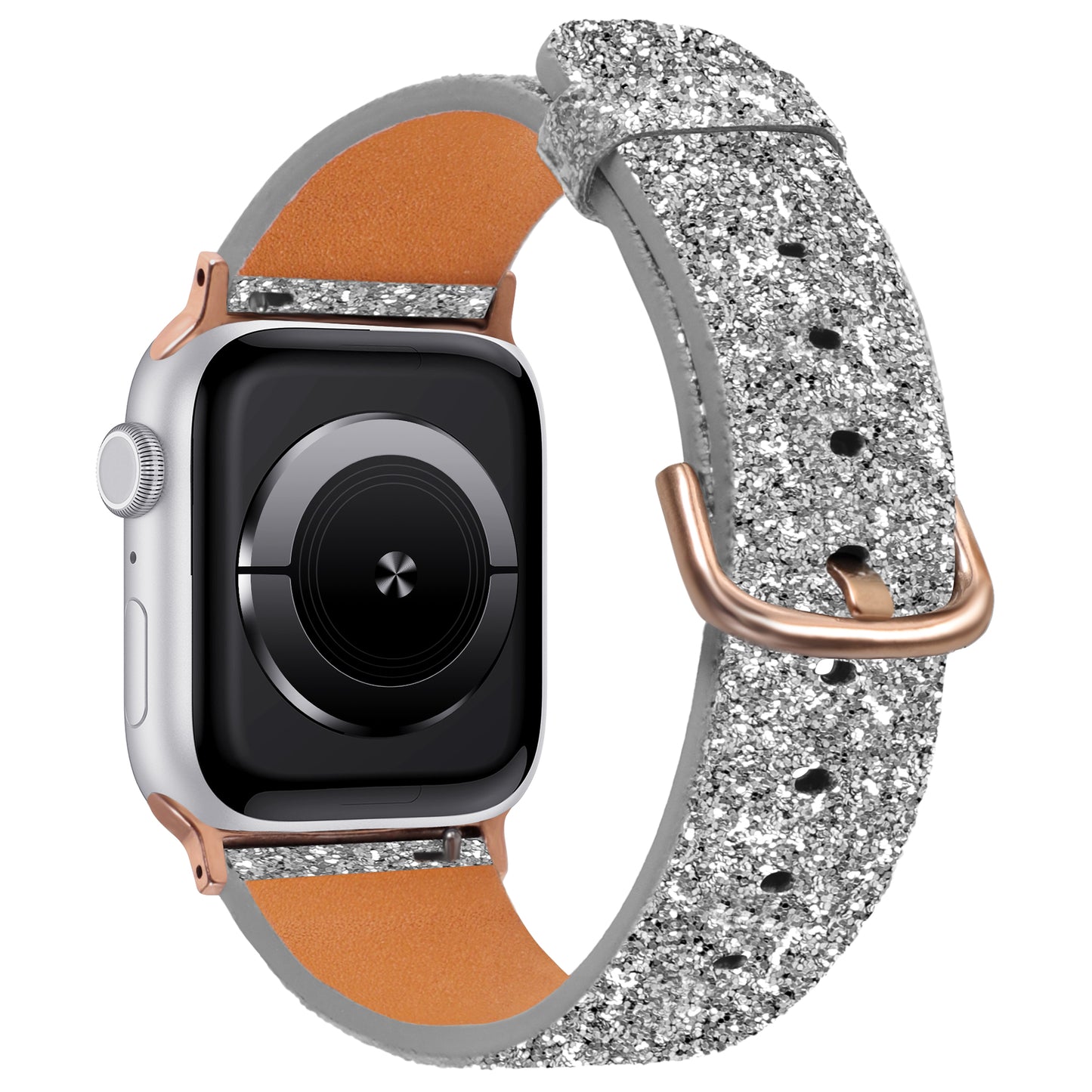 Das arktisband Apple Watch Glitzerarmband „Sparkle Star“ kombiniert eine rechteckige Smartwatch mit schwarzem Bildschirm und silbernem Gehäuse sowie ein graues, funkelndes Armband mit silbernem Glitzer, roségoldener Schnalle und Anschlüssen, allesamt Apple Watch-kompatibel für vielseitige Anwendung.
