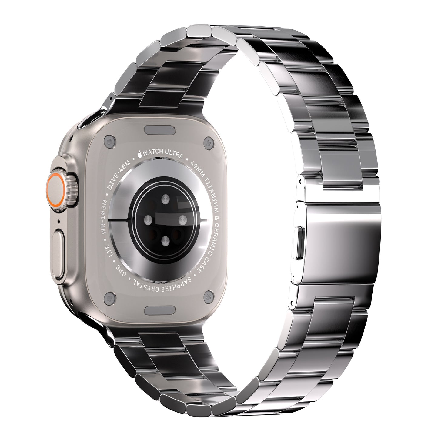 Das arktisband Apple Watch Gliederarmband „Prime“ von arktisband wird von der Rückseite mit seinem Sensor-Array und dem eingravierten Gehäusetext gezeigt, wodurch das polierte silberne Edelstahlarmband und der MagneticClick-Verschluss hervorgehoben werden.