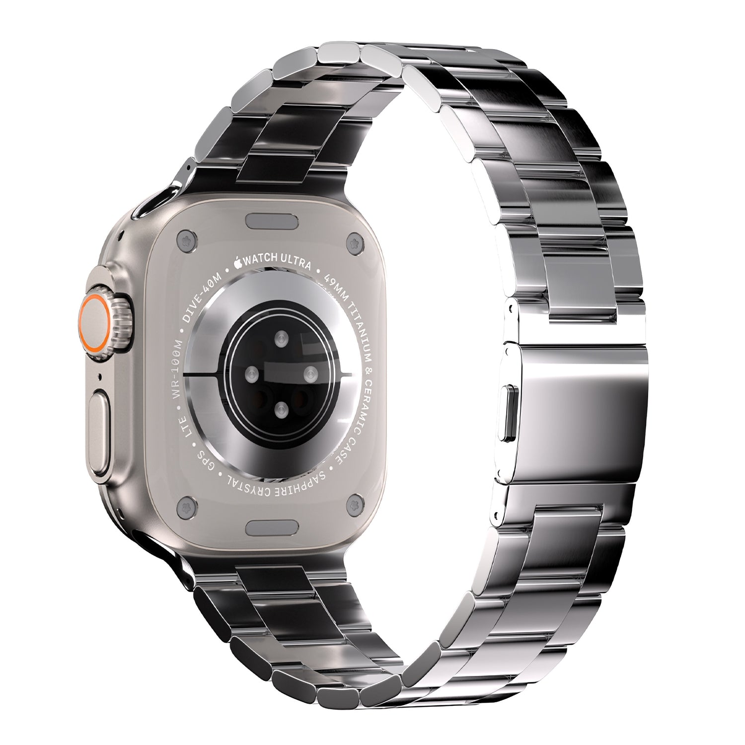 Das arktisband Apple Watch Gliederarmband „Prime“ von arktisband wird von der Rückseite mit seinem Sensor-Array und dem eingravierten Gehäusetext gezeigt, wodurch das polierte silberne Edelstahlarmband und der MagneticClick-Verschluss hervorgehoben werden.