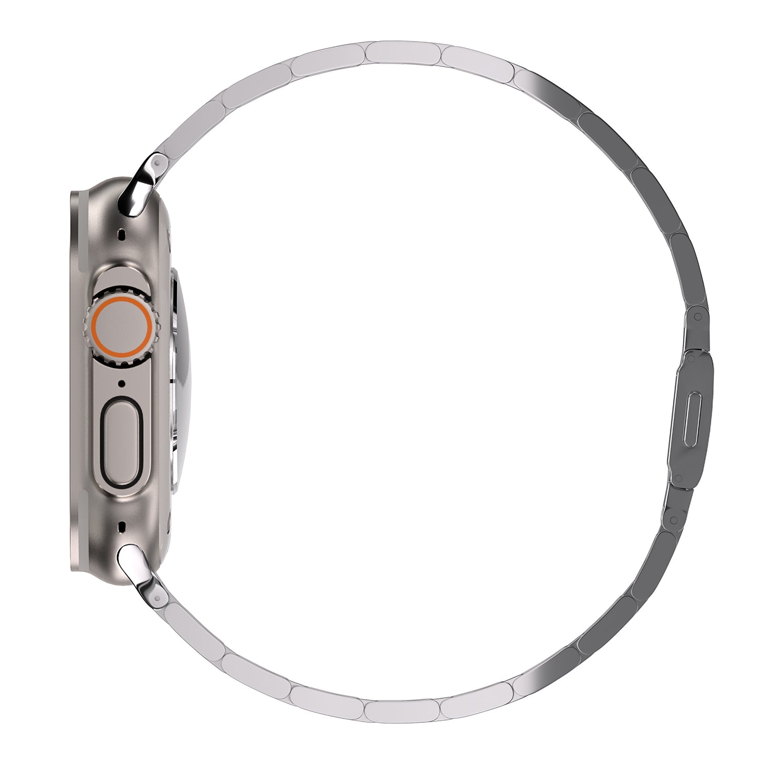 Eine Seitenansicht des arktisband Apple Watch Gliederarmbands "Prime" von arktisband, einem Edelstahlarmband mit MagneticClick-Verschluss, das vollständig kreisförmig ausgefahren ist. Der runde orangefarbene Knopf und das Zifferblatt sind aus diesem Winkel nicht sichtbar.