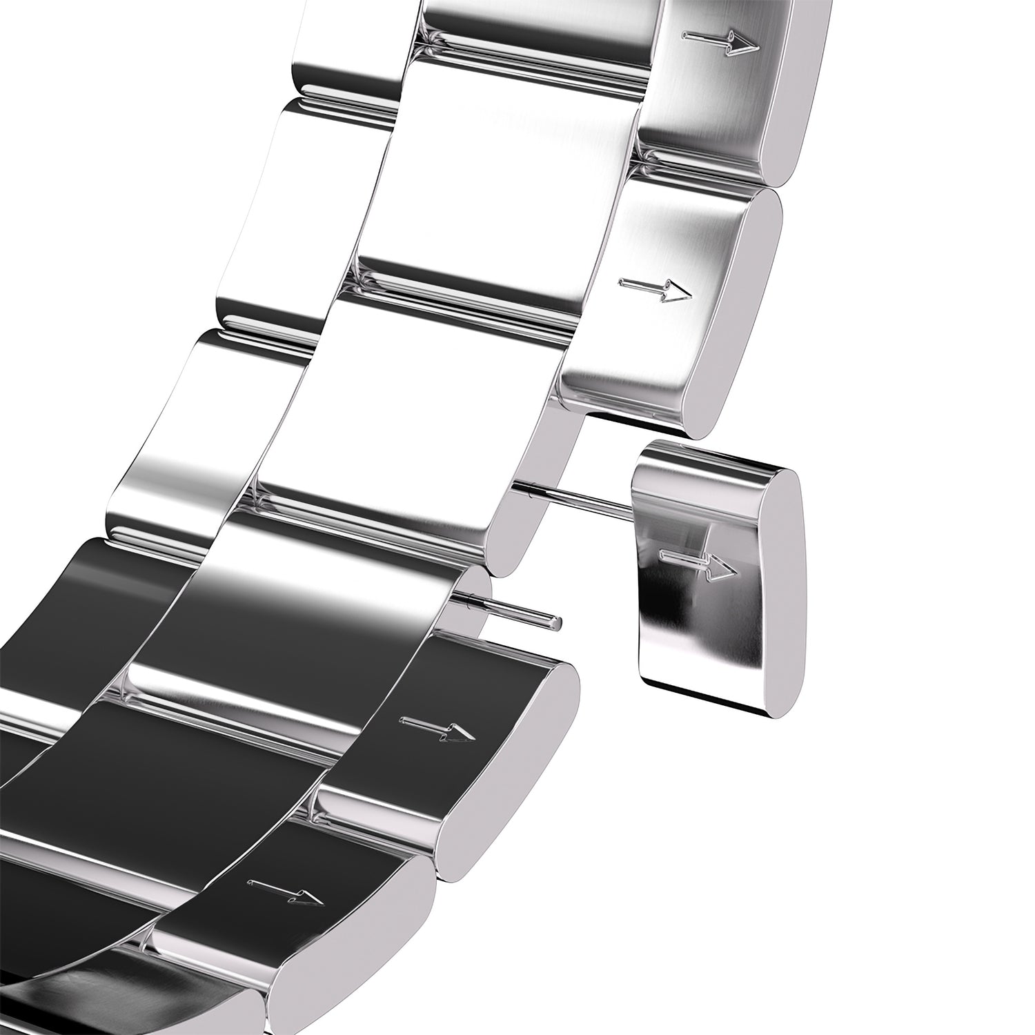 Nahaufnahme des arktisband Apple Watch Gliederarmbands "Prime" von arktisband. Ein Glied wird mit einem teilweise herausgezogenen Stift entfernt. Eingravierte Pfeile auf den Gliedern zeigen die korrekte Stiftentfernungsrichtung an. Kompatibel mit Apple Watch-Modellen.