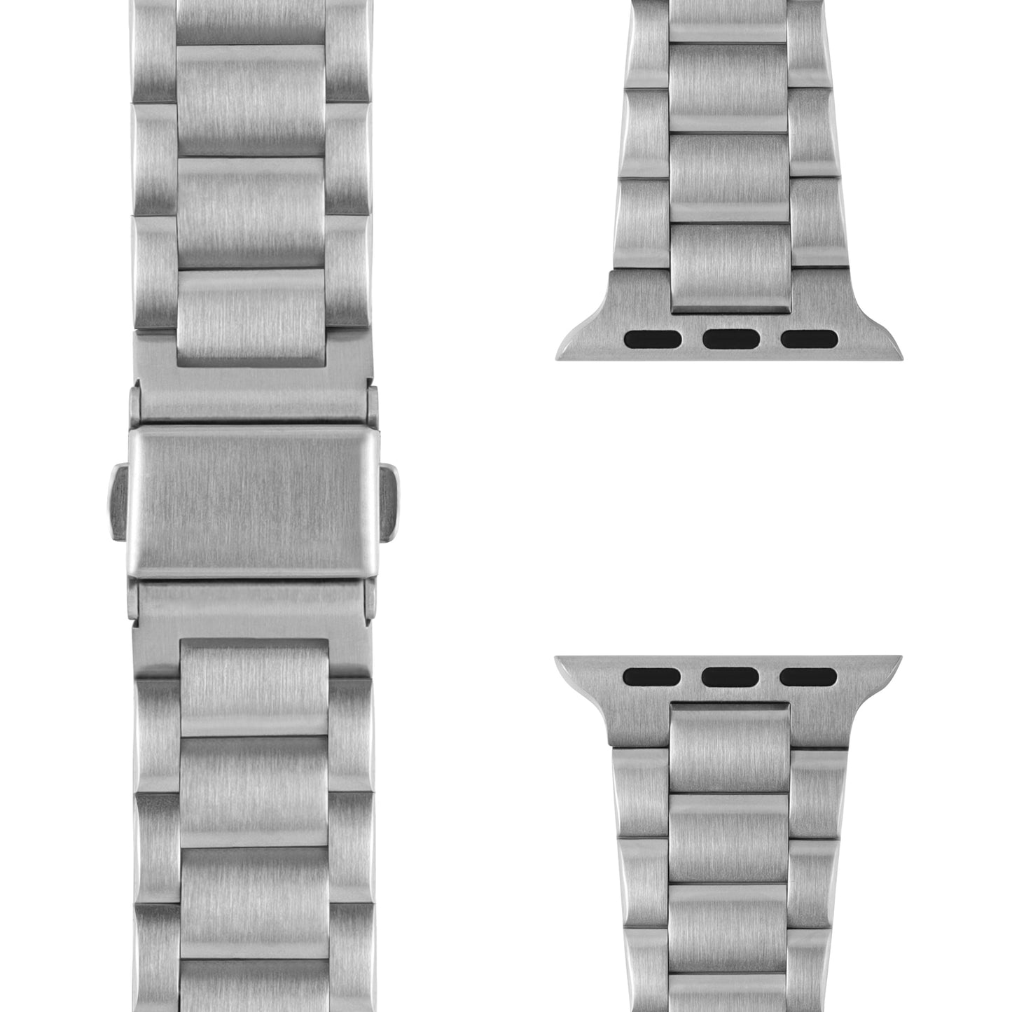 Nahaufnahme des arktisband Apple Watch Edelstahl Gliederarmbands „Edition S“ von arktisband, das seine Anschlüsse von vorne und von den Seiten zeigt, mit gebürstetem Metallfinish, minimalistischem Design und detailliertem Verschluss.