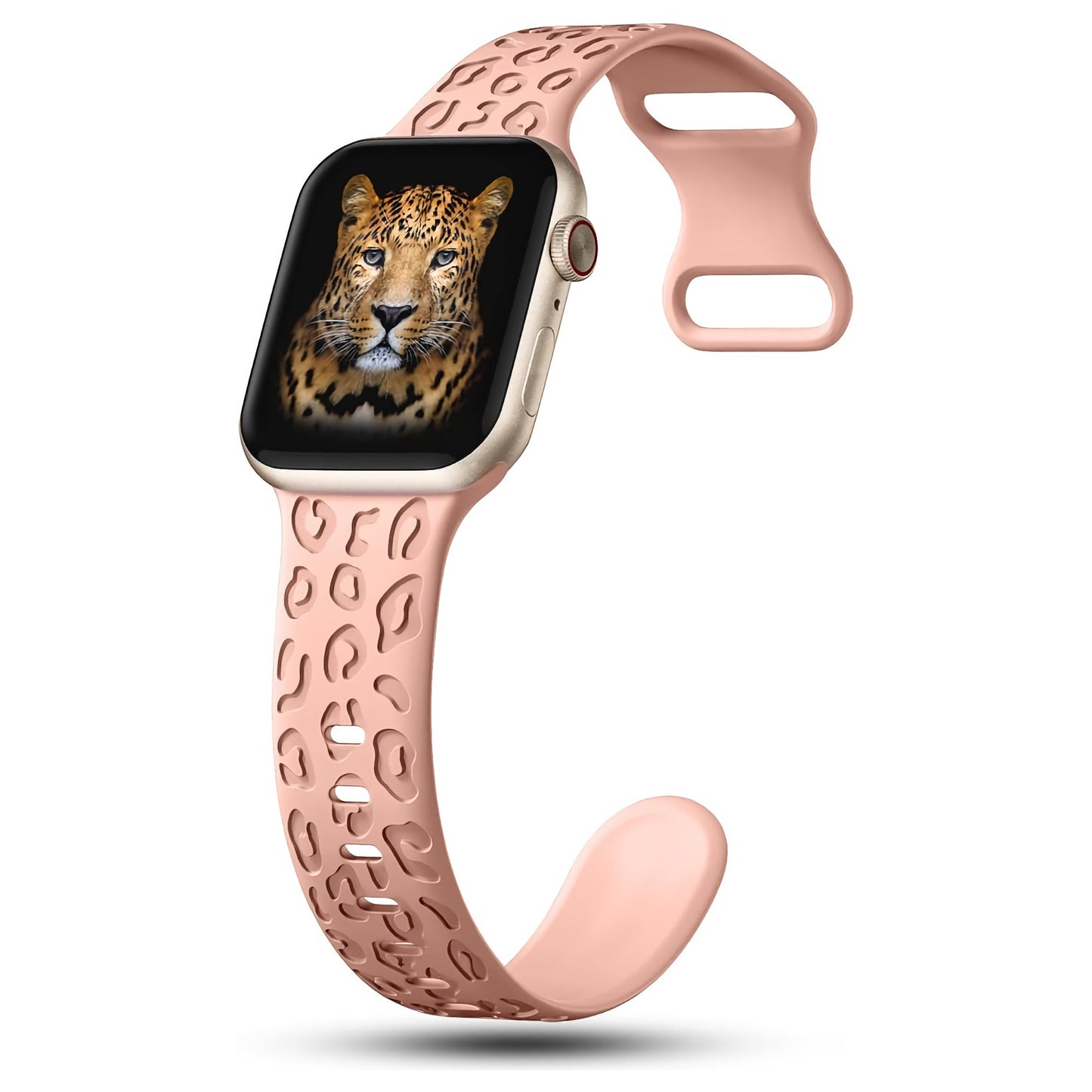 Das arktisband Apple Watch Armband „Leopard“ von arktisband besteht aus einem hellrosa Silikonband mit Leopardenmuster-Ausschnitten, einem Display mit Leopardenmuster auf der Vorderseite und ist mit der Apple Watch kompatibel. Abgebildet auf weißem Hintergrund.
