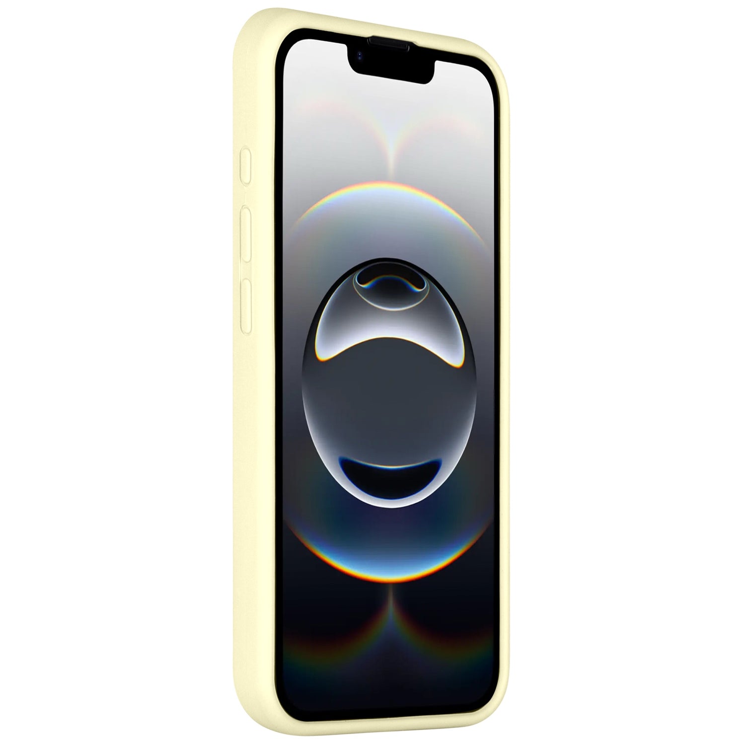 Die Arktis iPhone 16e Silikonhülle in Hellgelb ist schräg und aufrecht dargestellt. Sie gibt den Blick auf das Display des iPhone 16e mit einem farbenfrohen, abstrakten Motiv frei. Die Hülle verfügt über drei seitliche Tasten und unterstützt kabelloses Laden. Marke: Arktis.