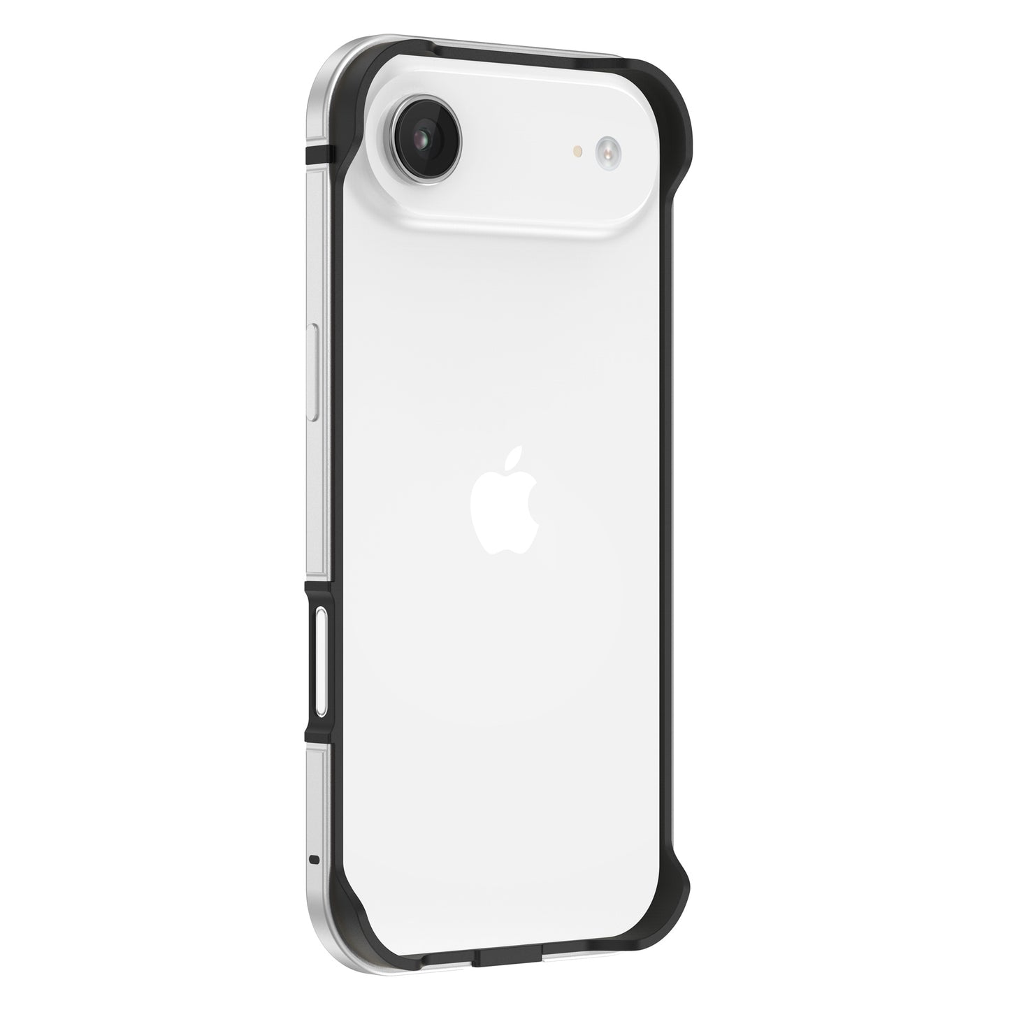 Ein arktis iPhone Air Bumper von arktis aus schwarzem und silbernem Aluminium-TPU mit integriertem Displayschutz wird auf einem weißen iPhone gezeigt, von hinten und von der Seite betrachtet.