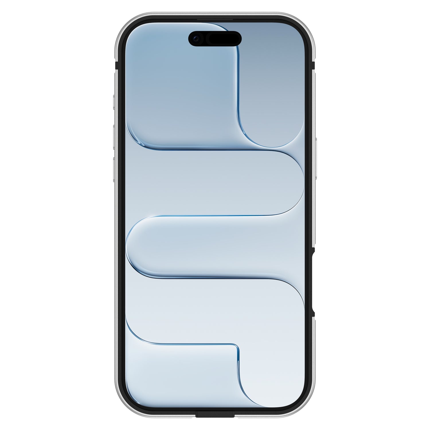 Der arktis iPhone Air Bumper von arktis ist vertikal auf einem silbernen Smartphone mit geometrischem blauem Hintergrundbild abgebildet, verfügt über einen schmalen schwarzen Rand und bietet mit seiner Aluminium TPU Hülle dauerhaften Schutz.