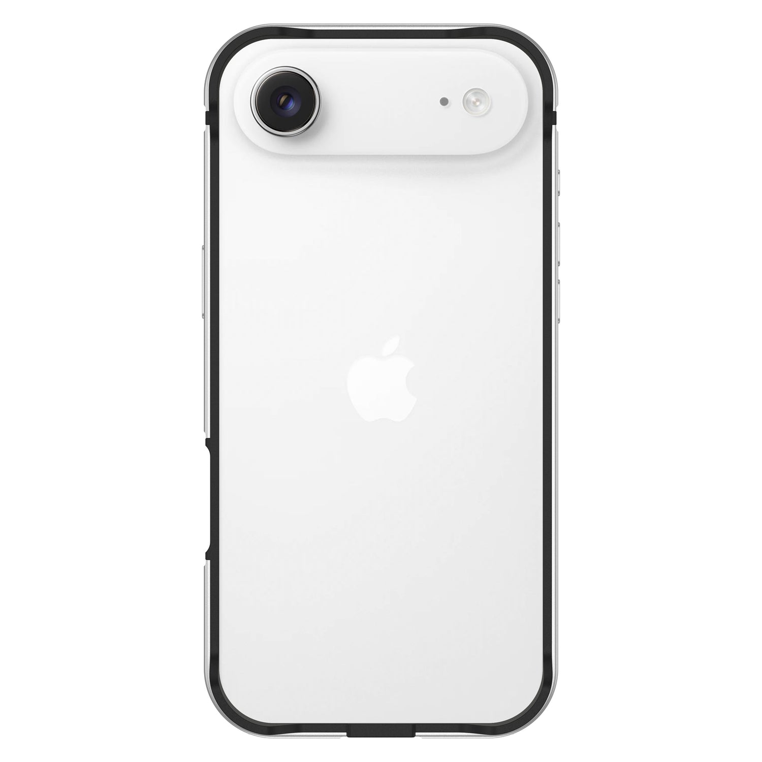 Ein weißes iPhone mit schwarzem Gehäuse, das die Rückkamera und das Apple-Logo zeigt, geschützt durch den arktis iPhone Air Bumper von arktis für zusätzliche Haltbarkeit.