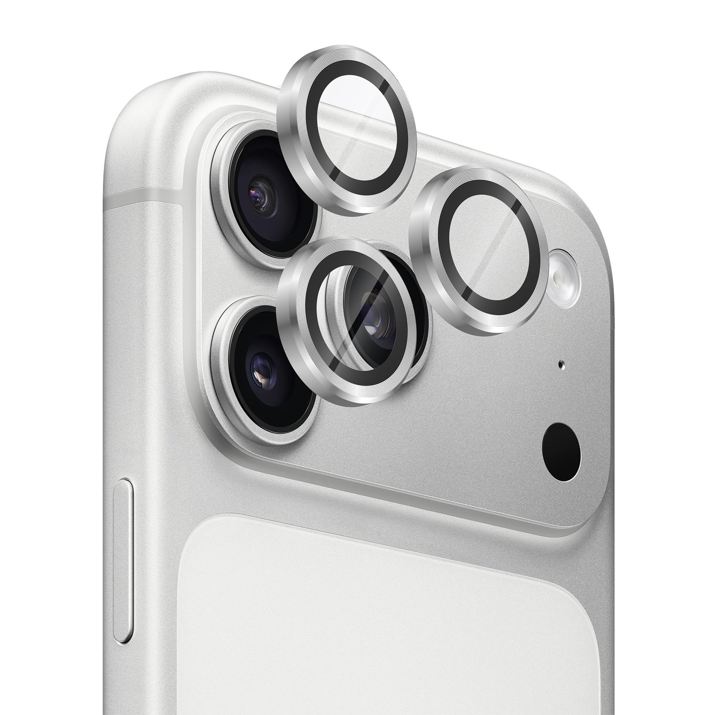 Nahaufnahme der dreifachen Kameralinsen eines Smartphones, über denen der arktis iPhone 17 Pro Lens Protector von arktis schwebt.