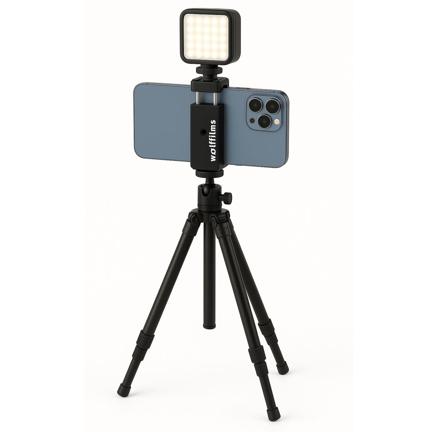 Ein auf einem Stativ montiertes Smartphone mit LED-Licht und der Wolffilms Smartphone Universalhalterung, perfekt zum Fotografieren oder für Videoaufnahmen.