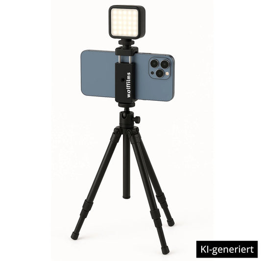Ein Smartphone an der Wolffilms Smartphone Universalhalterung mit angebrachter LED-Leuchte, bereit zum Filmen oder Fotografieren. KI-generiert.
