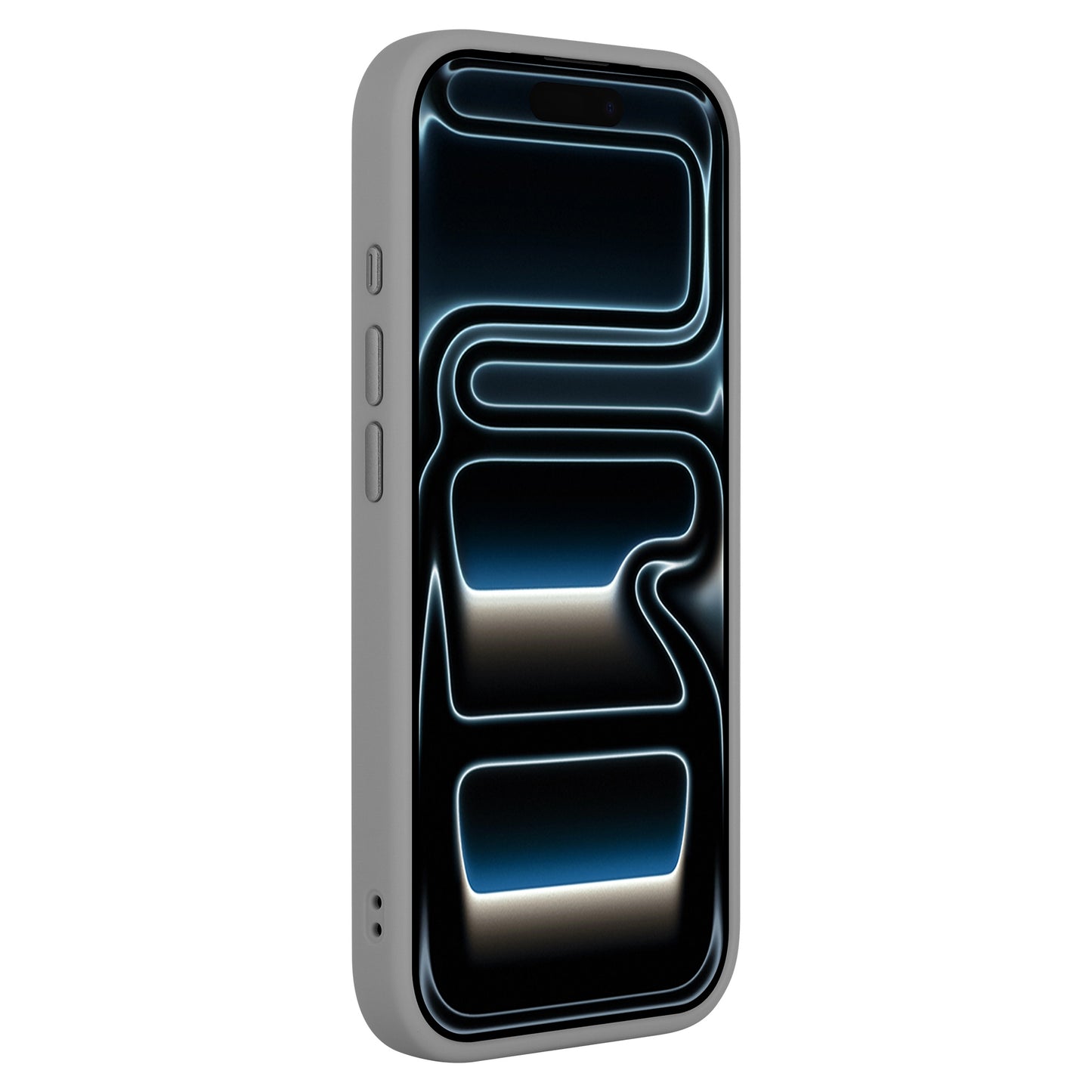 Das Arktis iPhone 17 Pro Max Solid Case von Arktis mit silbernem Rahmen und mattem Finish zeigt ein futuristisches blau-weiß leuchtendes abstraktes Hintergrundbild.