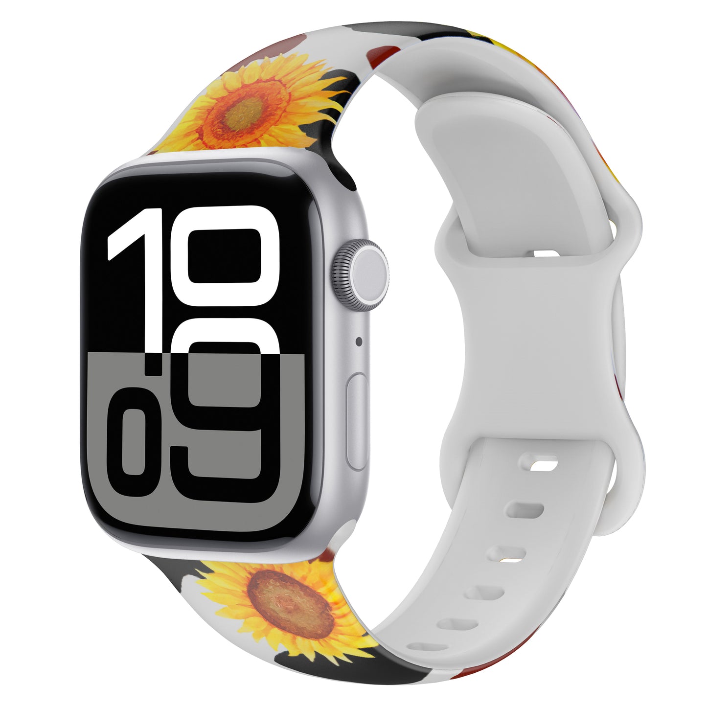 Das arktisband EDITION für Apple Watch von arktisband verfügt über ein weißes Silikonband mit gelben Sonnenblumen-Akzenten und einer großen Digitalanzeige - ideal für den Sport und kompatibel mit Apple Watch Zubehör.