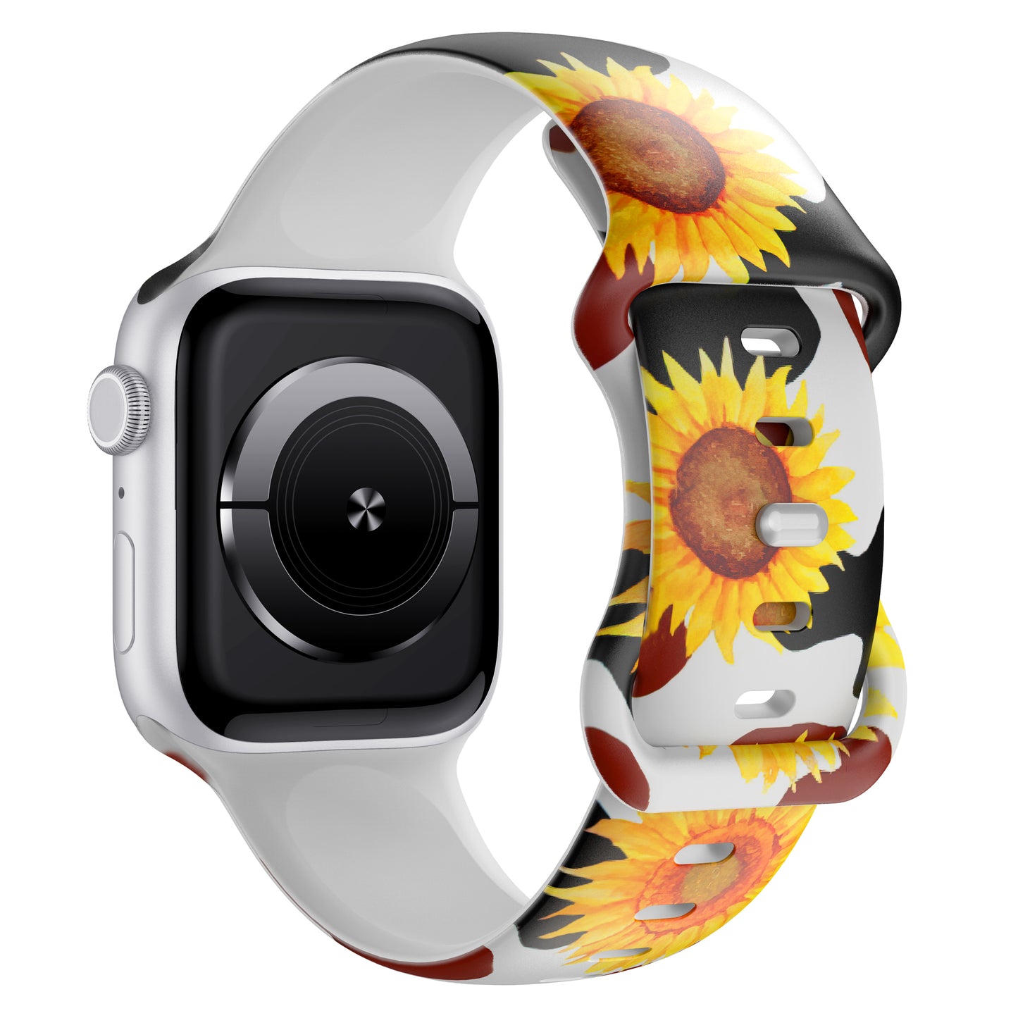 Die arktisband EDITION für Apple Watch von arktisband hat ein silbernes Gehäuse und ein Silikonband mit einem leuchtenden Sonnenblumenmuster auf Weiß, ideal für sportliche Aktivitäten.
