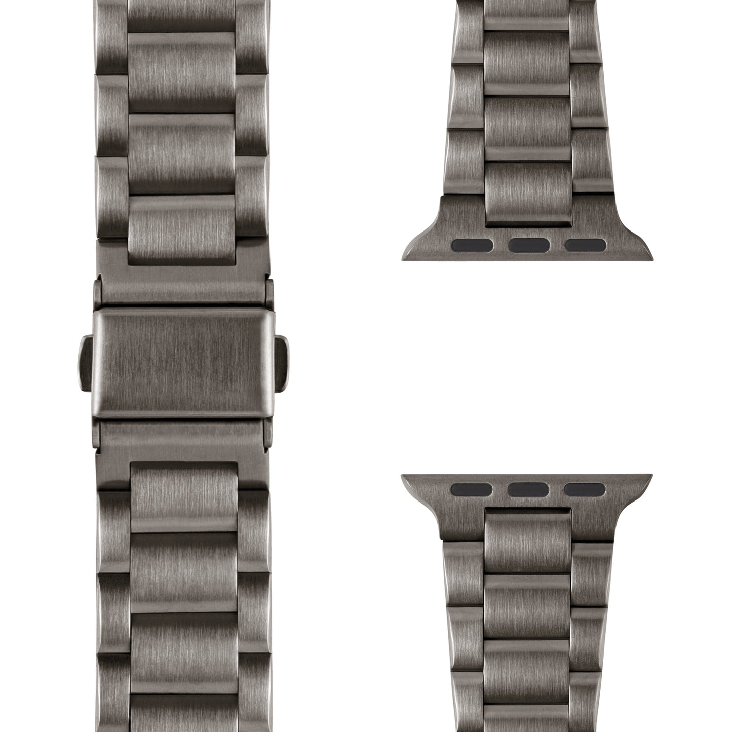 Nahaufnahme des arktisband Apple Watch Edelstahl Gliederarmbands „Edition S“: Links ist das komplett geschlossene Edelstahlarmband von arktisband zu sehen, rechts sind die oberen und unteren Anschlusssegmente zu sehen, alles auf weißem Hintergrund.