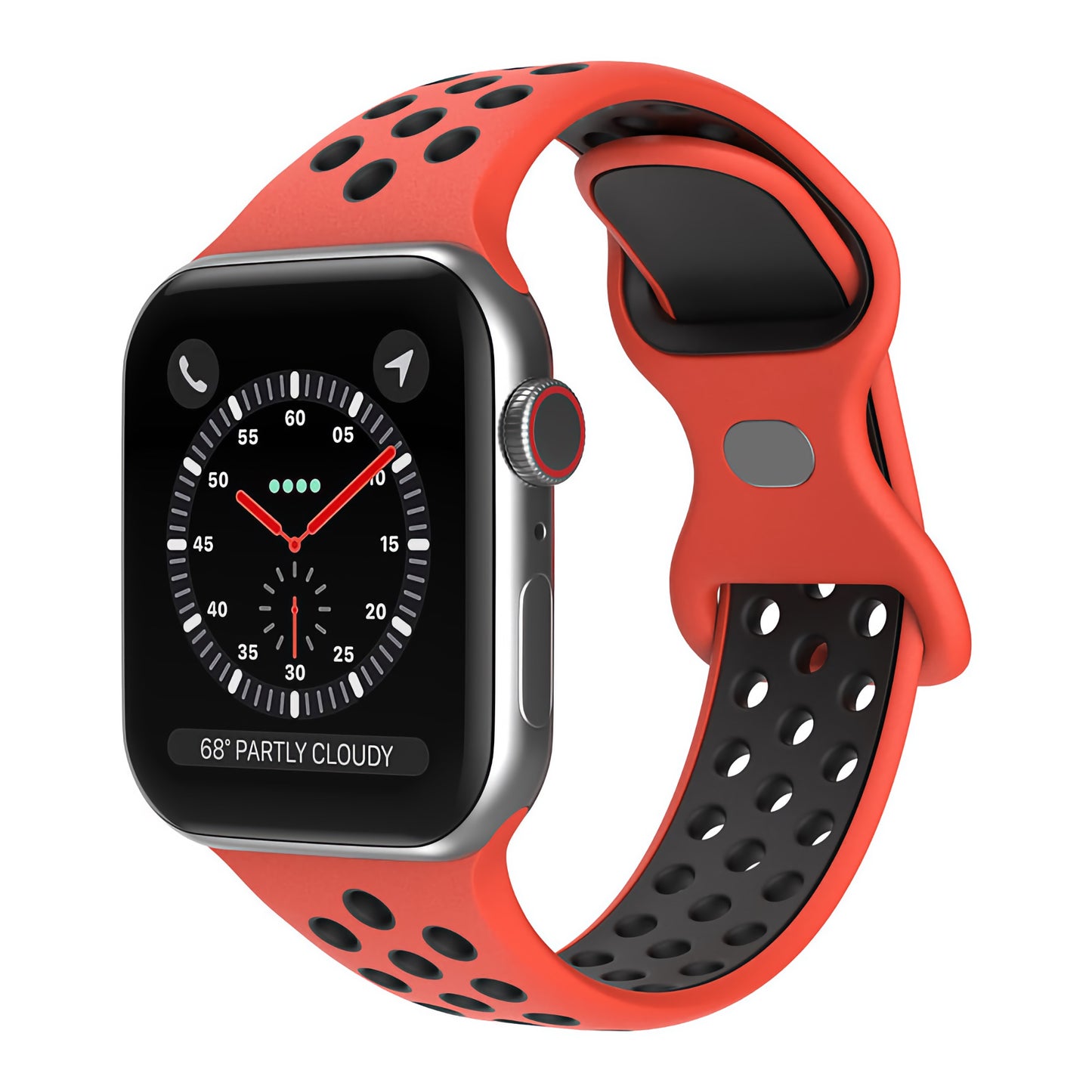 Das arktisband Apple Watch Silikonarmband "Energy" von arktisband, in Rot und Schwarz mit Perforationen, ist schräg auf weißem Hintergrund abgebildet. Die daran befestigte Smartwatch zeigt eine analoge Uhr und Wetterinformationen auf einem schwarzen Display an.
