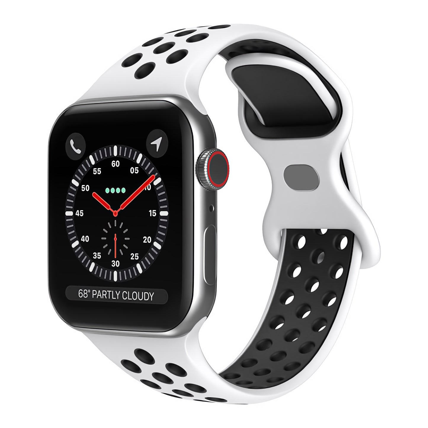 Das arktisband Apple Watch Silikonarmband „Energy“ verfügt über ein schwarz-weißes perforiertes Design, ist mit der Apple Watch kompatibel und verfügt über ein digitales Zifferblatt mit Wetterinformationen, Anruf-/Nachrichtensymbolen und Zeitanzeigen.