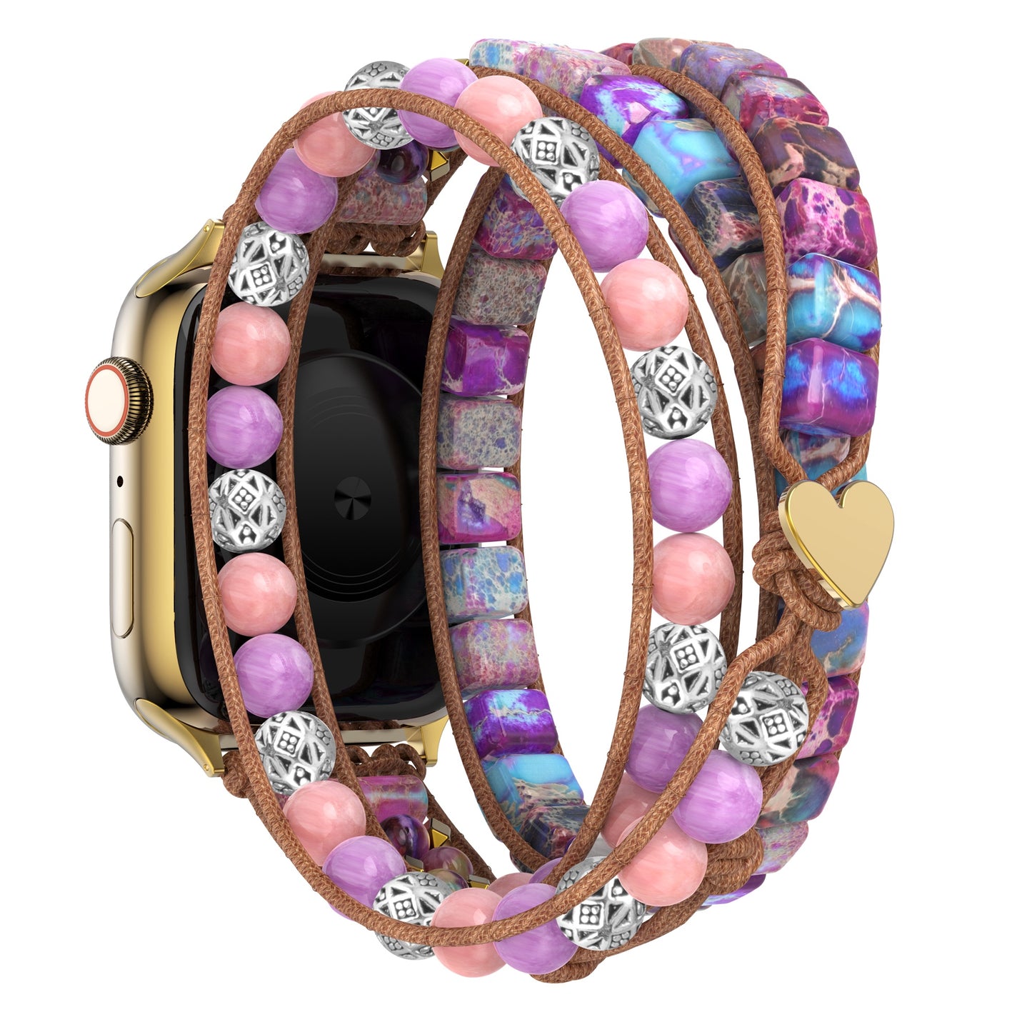 Das arktisband Apple Watch Armband "Dream Catcher" verfügt über ein goldenes Band im Boho-Stil mit bunten lila, rosa und braunen Perlen, einem goldenen Herzanhänger und einem stylischen Edelstahladapter - perfekt für einen mühelos schicken Look.