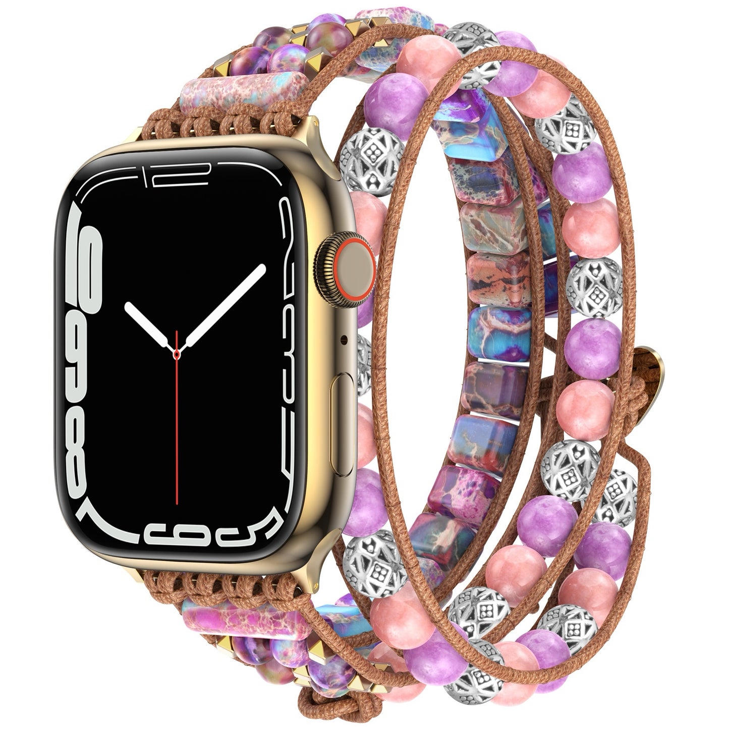 Das arktisband Apple Watch Armband "Dream Catcher" ist ein Smartwatch-Band im Boho-Stil mit rosafarbenen, lila, silbernen und würfelförmigen Perlen auf einer mehrfarbigen Hülle, plus einem Edelstahladapter zur sicheren Befestigung der Apple Watch.