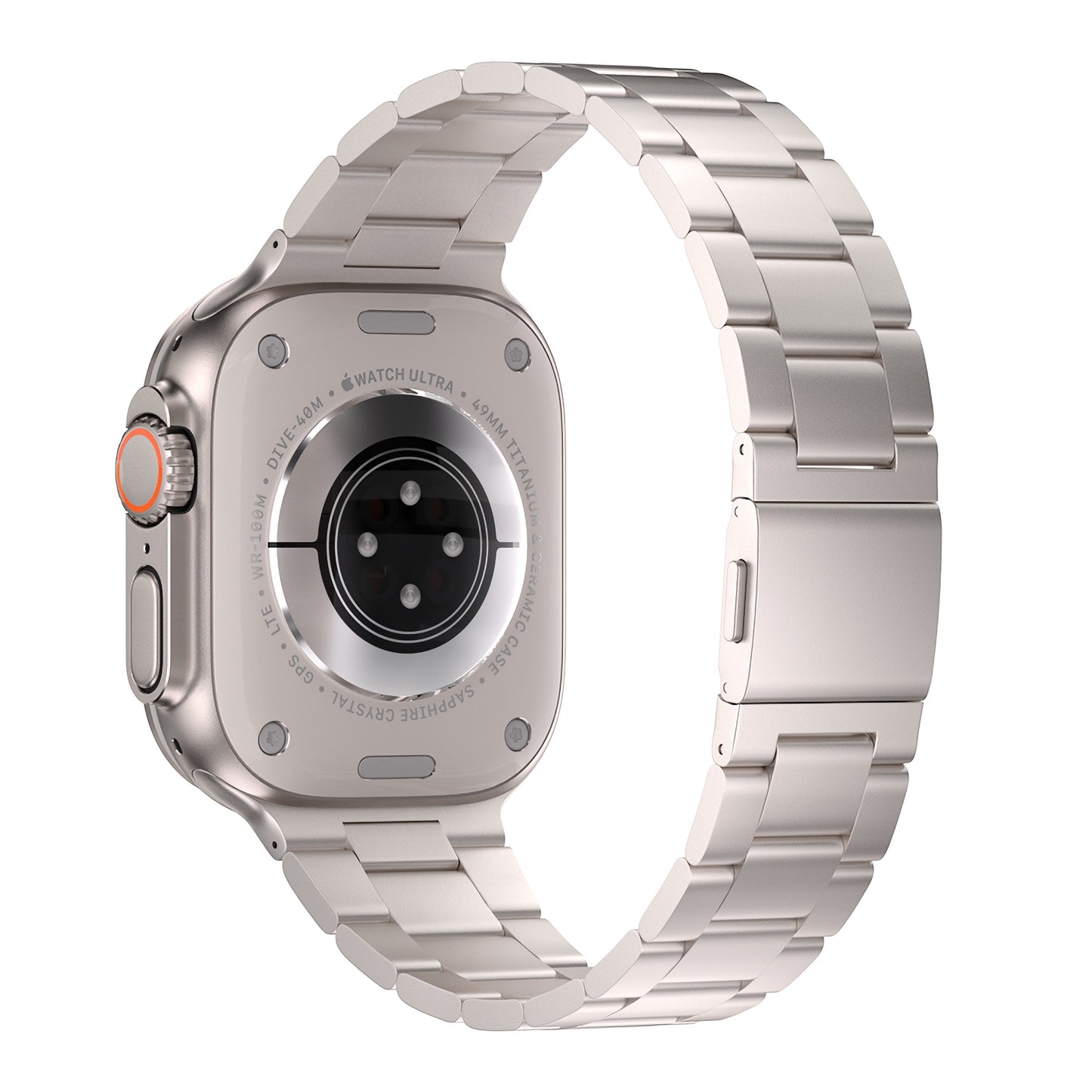 Das arktisband Apple Watch Gliederarmband „Prime“ von arktisband zeigt sich von der Rückseite mit seinem silbernen Metallgliederdesign, sichtbaren Sensorkomponenten und einer orange akzentuierten Krone an der Seite.