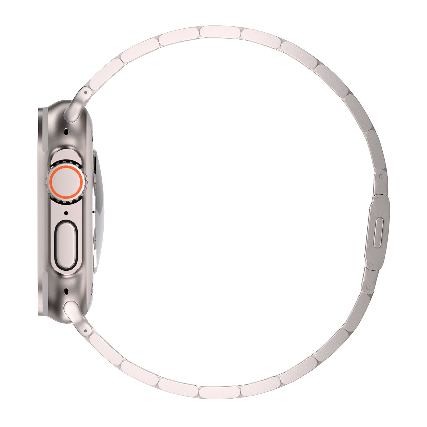 Das arktisband Apple Watch Gliederarmband "Prime" von arktisband wird von der Seite präsentiert. Es zeigt sein schlankes Edelstahlarmband mit MagneticClick-Verschluss und ein silbernes Smartwatch-Gehäuse mit einer runden, orangefarbenen Krone. Das Display ist nicht sichtbar.