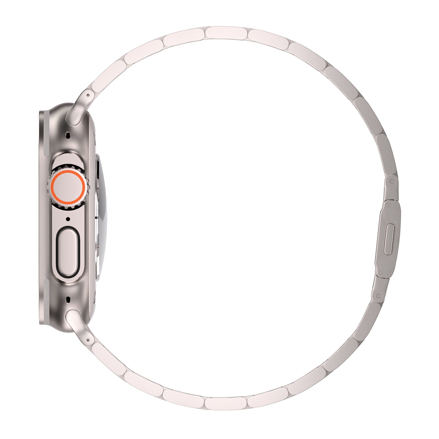 Das arktisband Apple Watch Gliederarmband "Prime" von arktisband wird von der Seite präsentiert. Es zeigt sein schlankes Edelstahlarmband mit MagneticClick-Verschluss und ein silbernes Smartwatch-Gehäuse mit einer runden, orangefarbenen Krone. Das Display ist nicht sichtbar.