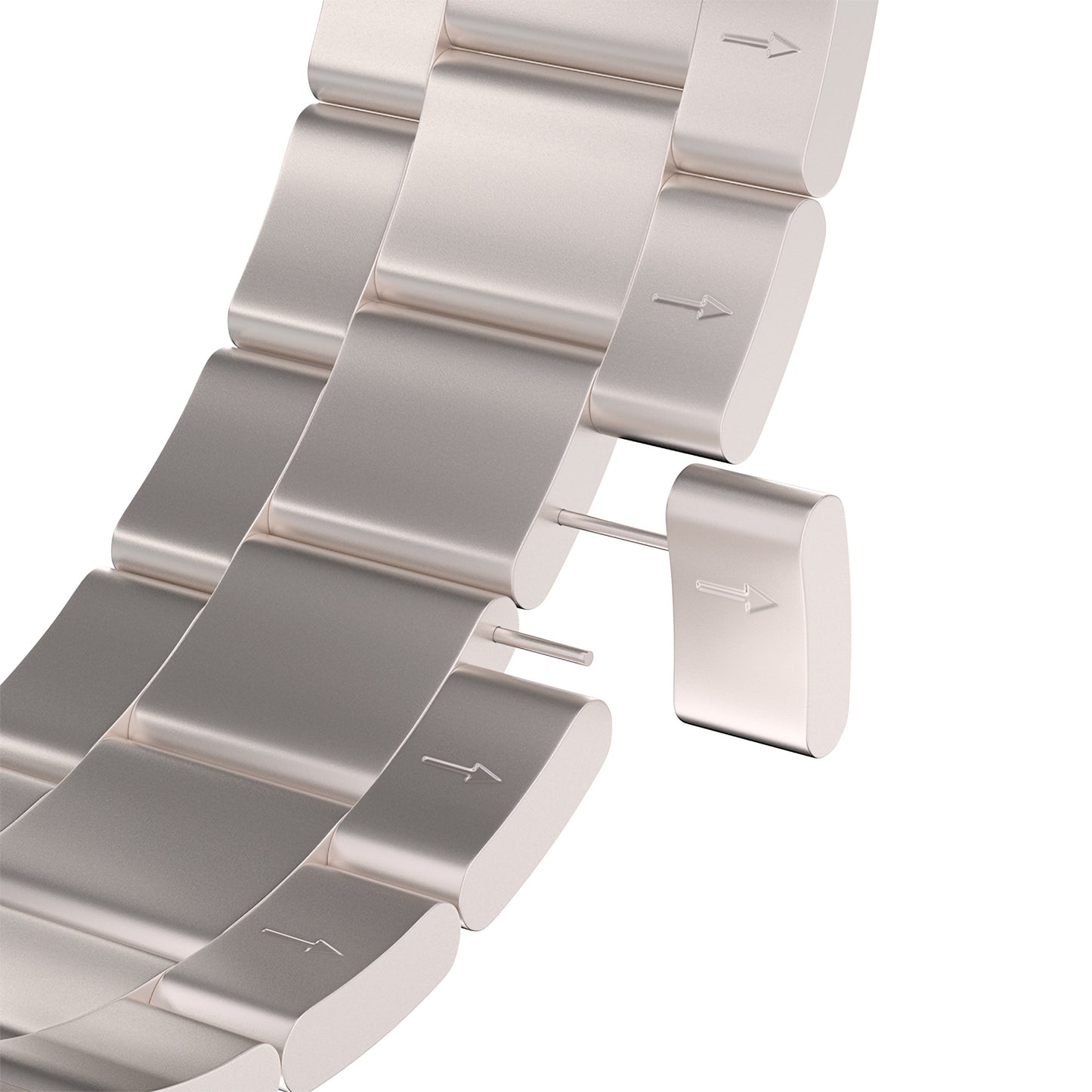 Eine Nahaufnahme des Arktisband-Gliederarmbands „Prime“ für die Apple Watch zeigt ein teilweise entferntes Glied mit herausgedrücktem Stift; mehrere Glieder sind mit Pfeilen versehen, die die richtige Entfernungsrichtung anzeigen.