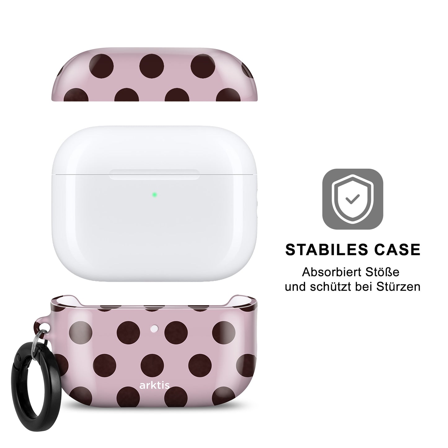 Die arktis AirPods Pro 3 Hülle – Sweetie besticht durch ein rosa Polka-Dot-Design, einen Schlüsselring, einen deutschen Text zu Stabilität und Schutz und unterstützt das kabellose Laden für einfaches Aufladen.